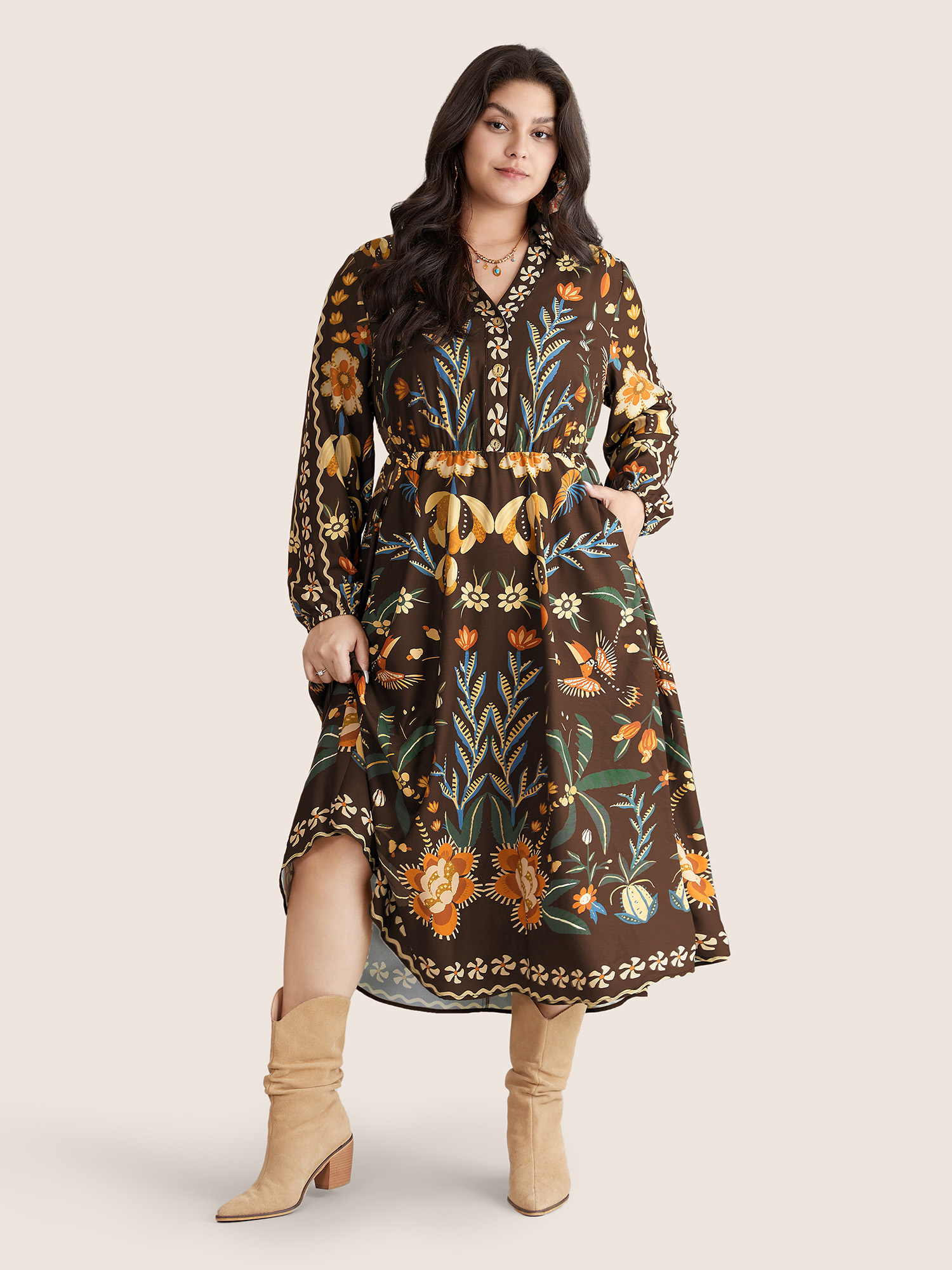 

Plus Size Bandana Print Pocket Lapel Collar Elastic Cuffs Dress DarkBrown Women Resort Non V-neck Long Sleeve Curvy Midi Dress BloomChic