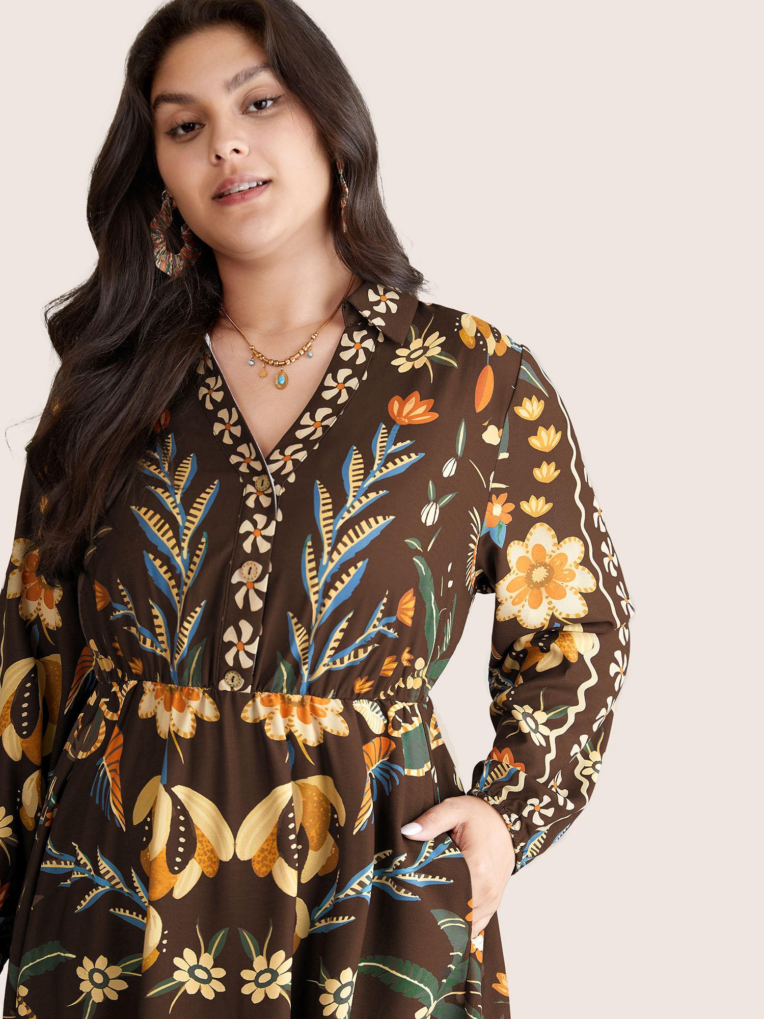 

Plus Size Bandana Print Pocket Lapel Collar Elastic Cuffs Dress DarkBrown Women Resort Non V-neck Long Sleeve Curvy Midi Dress BloomChic