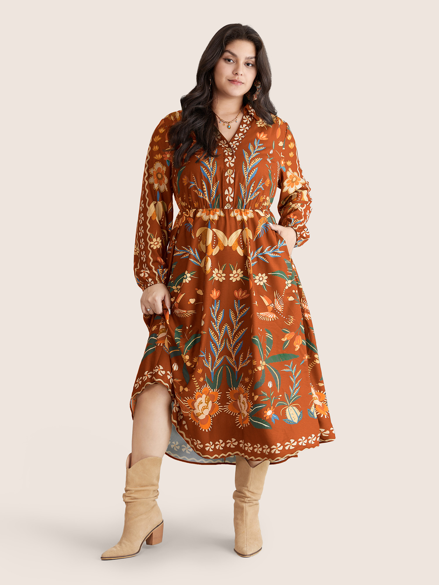 

Plus Size Bandana Print Pocket Lapel Collar Elastic Cuffs Dress Brightorange Women Resort Non V-neck Long Sleeve Curvy Midi Dress BloomChic