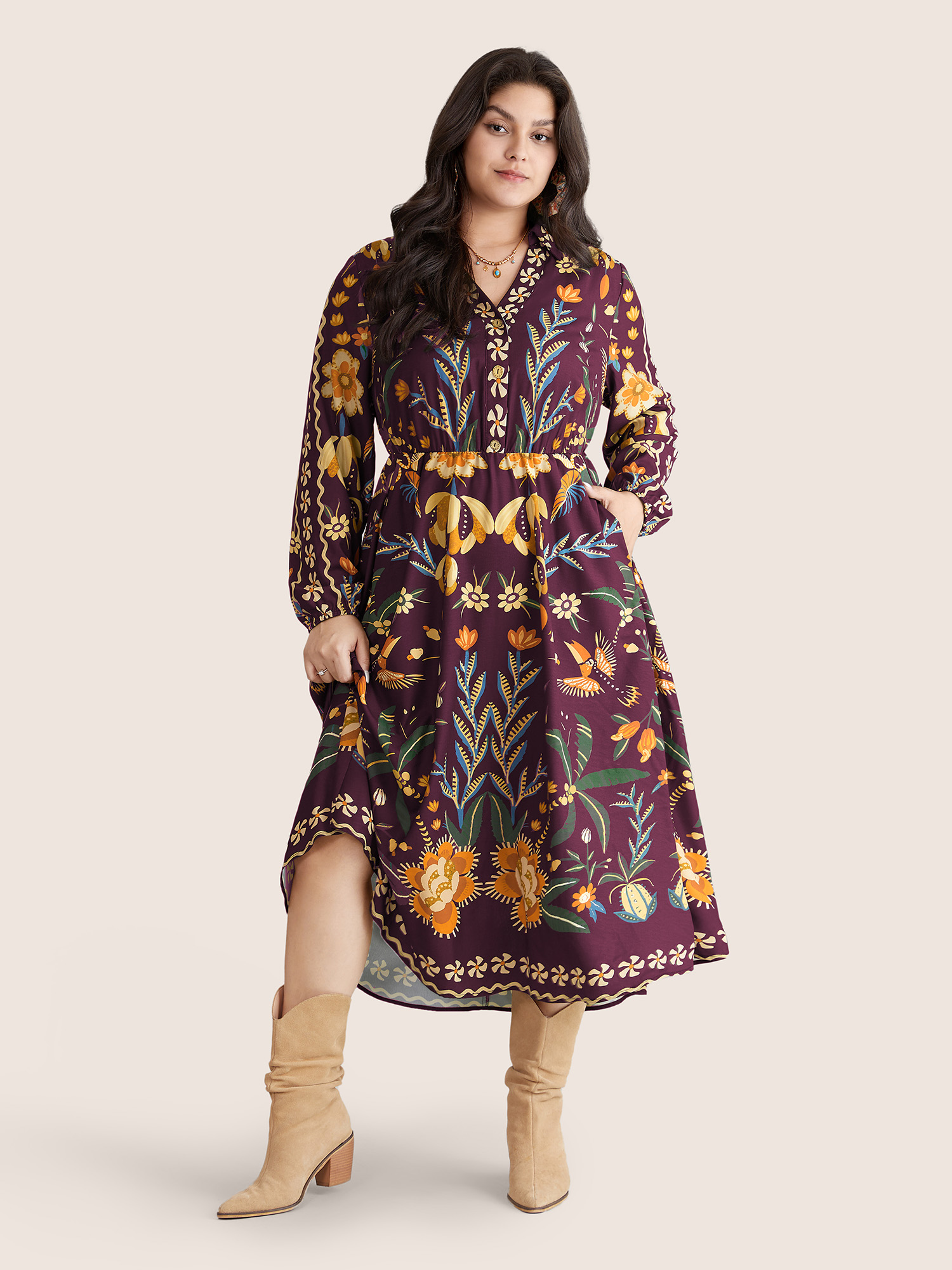 

Plus Size Bandana Print Pocket Lapel Collar Elastic Cuffs Dress Deeppurplered Women Resort Non V-neck Long Sleeve Curvy Midi Dress BloomChic