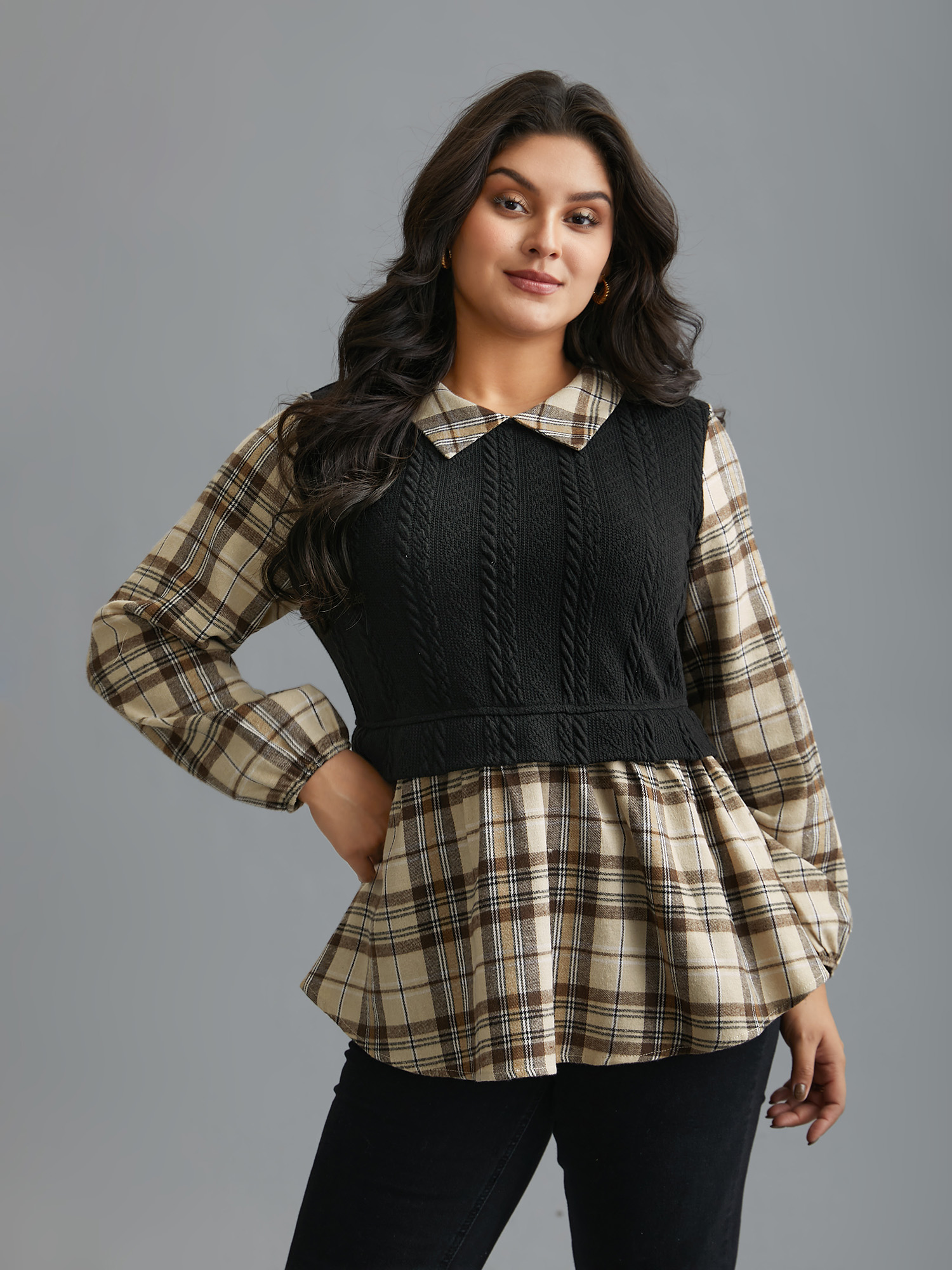 

Plus Size LightBrown Plaid Patchwork Texture Lantern Sleeve Blouse Women Elegant Long Sleeve Shirt collar Everyday Blouses BloomChic