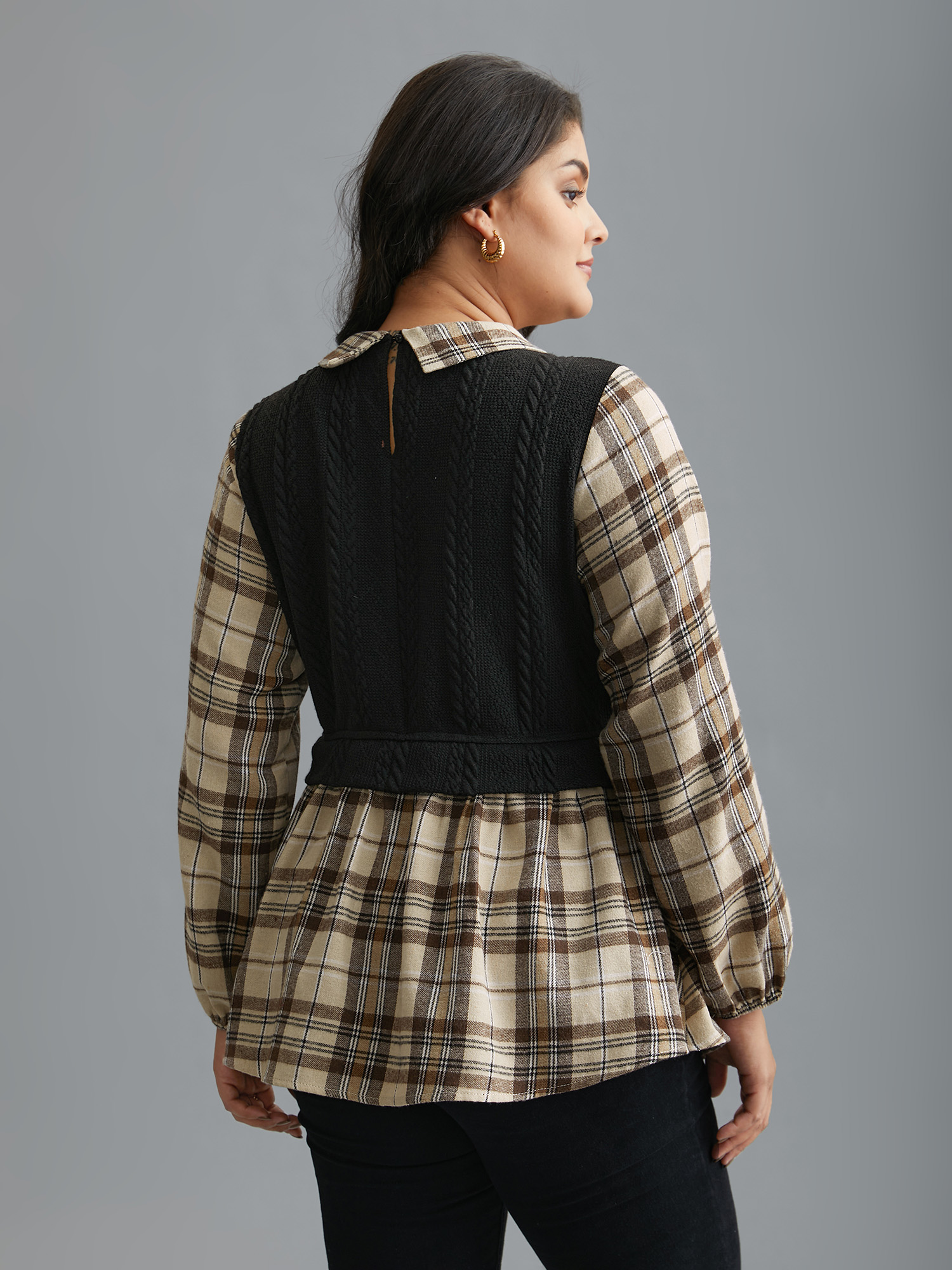 

Plus Size LightBrown Plaid Patchwork Texture Lantern Sleeve Blouse Women Elegant Long Sleeve Shirt collar Everyday Blouses BloomChic