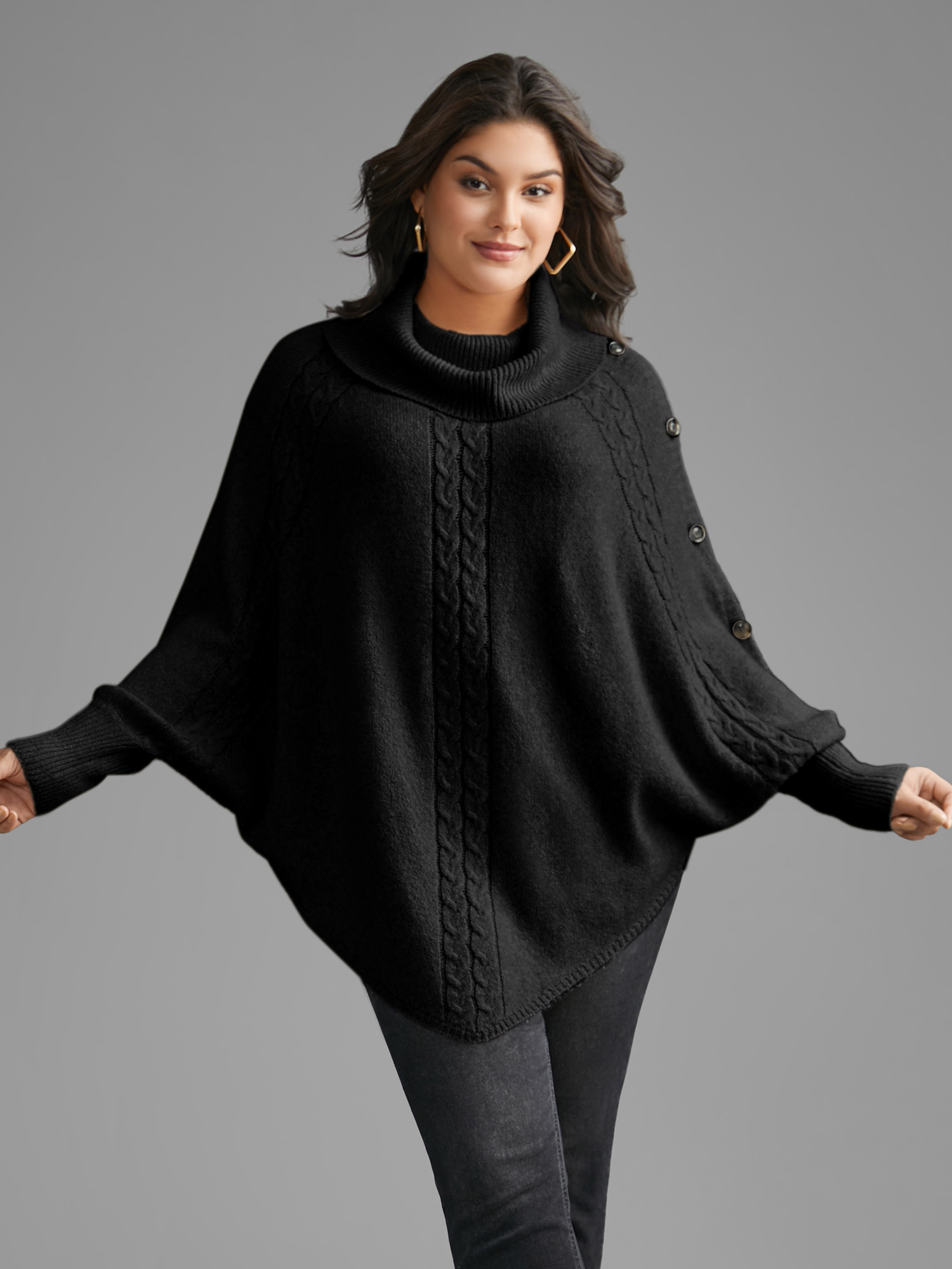 

Plus Size Turtleneck Cable Knit Asymmetrical Hem Pullover Black Women Casual Loose Long Sleeve Ruffled collar Everyday Pullovers BloomChic