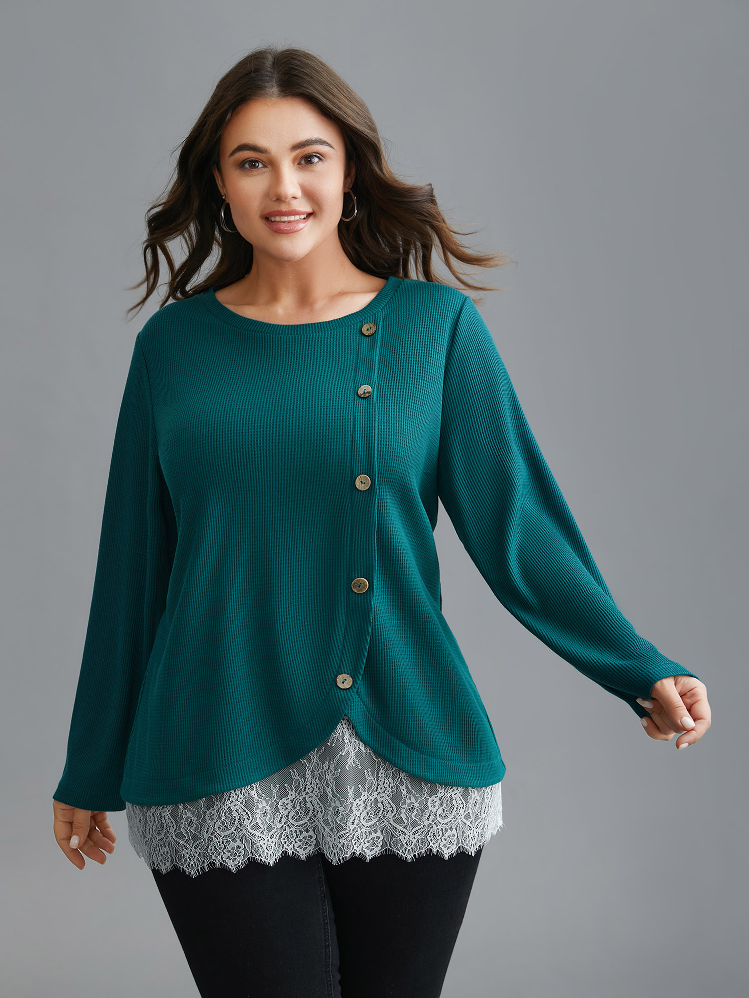 

Plus Size Crochet Lace Button Detail Wrap Knit Top Teal Round Neck Extra Long Sleeve Elegant Jersey Tops