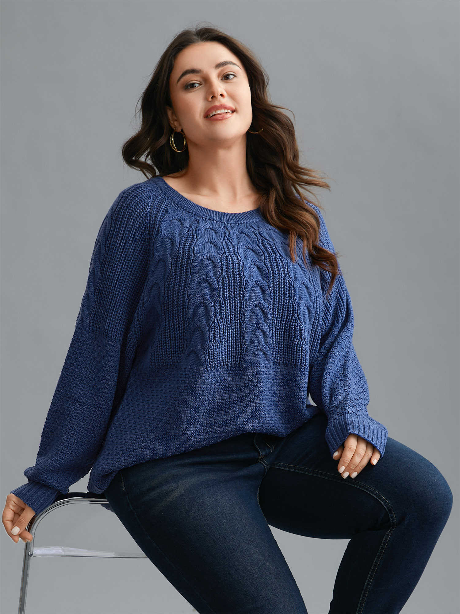 

Plus Size Cable Knit Raglan Sleeve Round Neck Pullover Cerulean Women Casual Loose Long Sleeve Round Neck Everyday Pullovers BloomChic