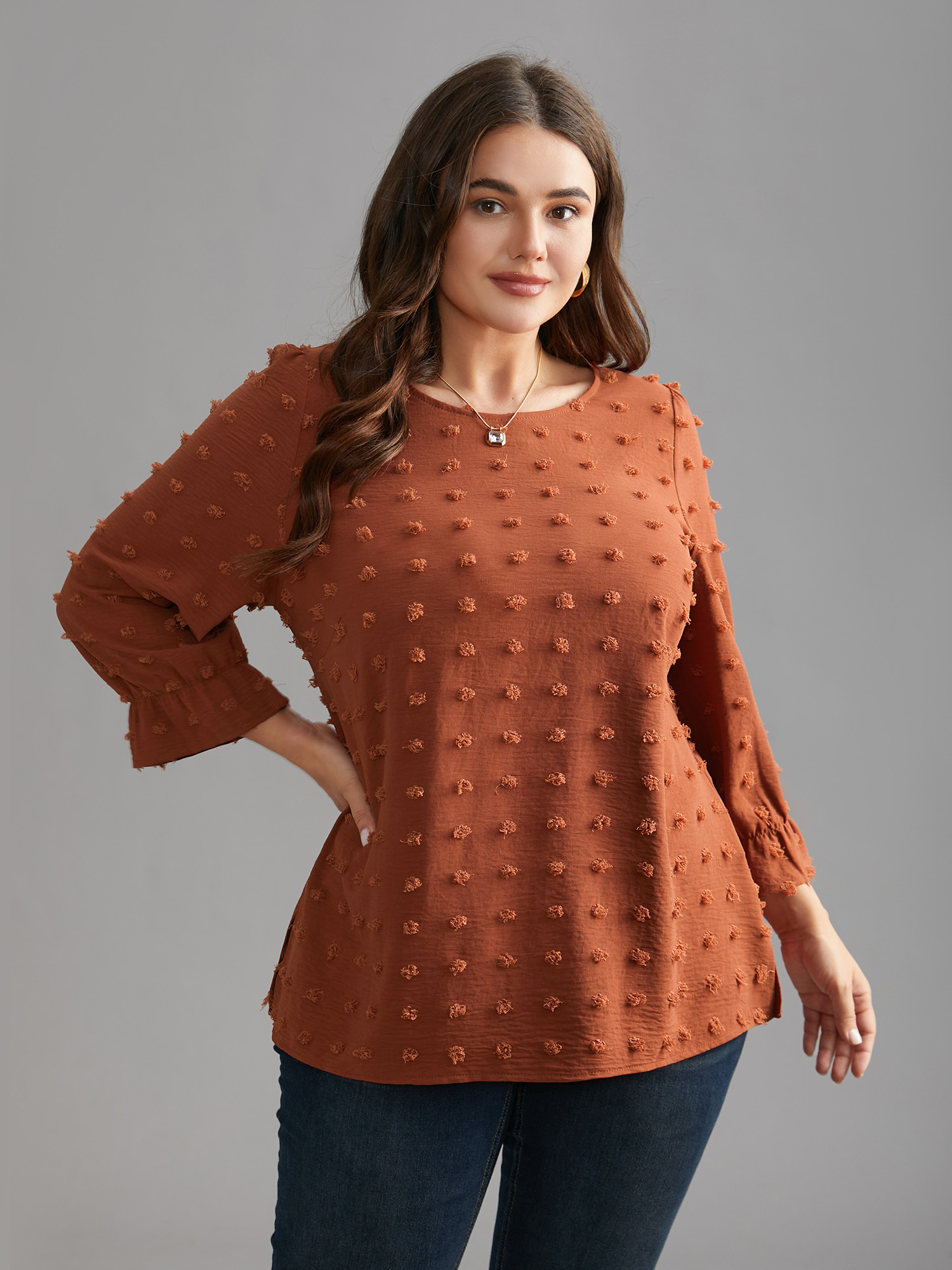 

Plus Size Yellowishbrown Textured Balloon Sleeves Round Neck Blouse Women Elegant Elbow-length sleeve Round Neck Everyday Blouses BloomChic