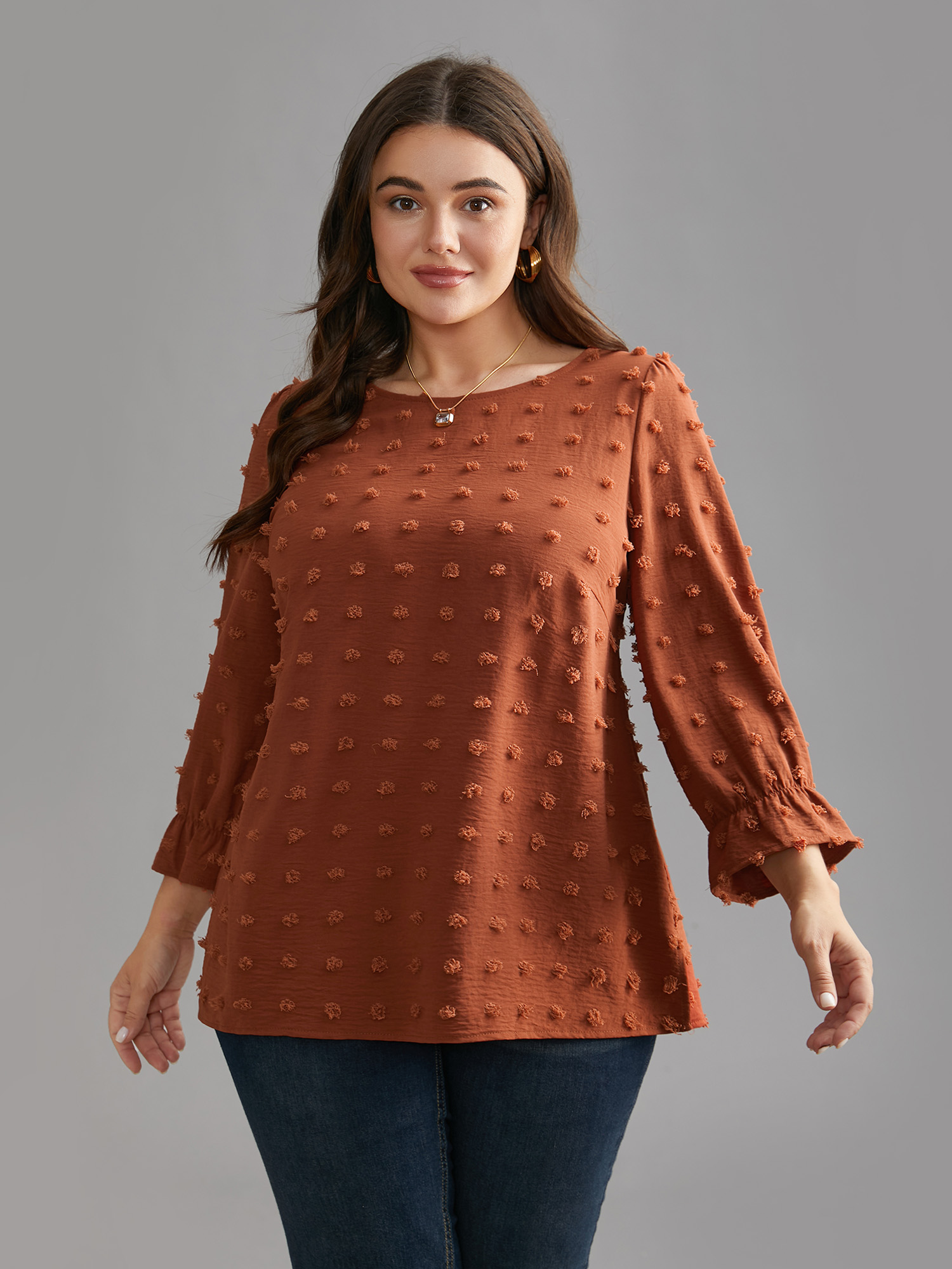 

Plus Size Yellowishbrown Textured Balloon Sleeves Round Neck Blouse Women Elegant Elbow-length sleeve Round Neck Everyday Blouses BloomChic