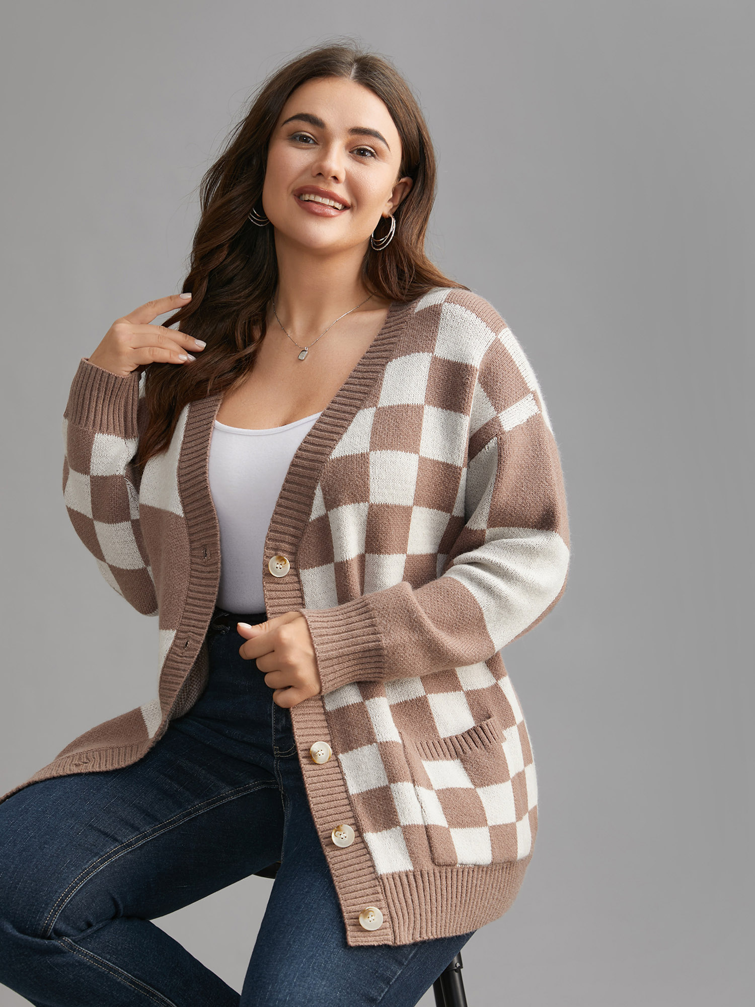 

Plus Size Checkered V-Neck Button Front Knit Cardigan LightBrown Women Casual Loose Long Sleeve Everyday Cardigans BloomChic