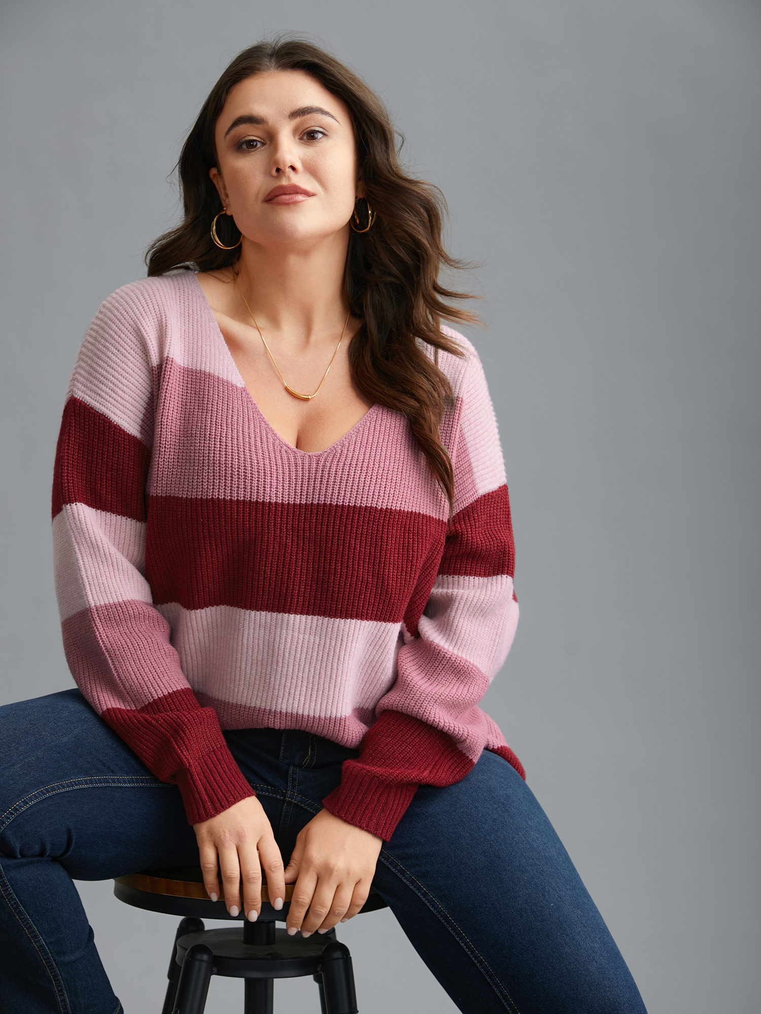 

Plus Size Supersoft Essentials Color Block Drop Shoulder Pullover RedViolet Women Casual Loose Long Sleeve V-neck Everyday Pullovers BloomChic