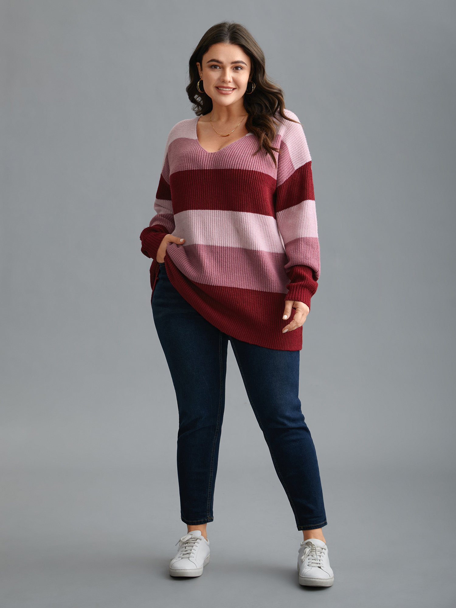 

Plus Size Supersoft Essentials Color Block Drop Shoulder Pullover RedViolet Women Casual Loose Long Sleeve V-neck Everyday Pullovers BloomChic