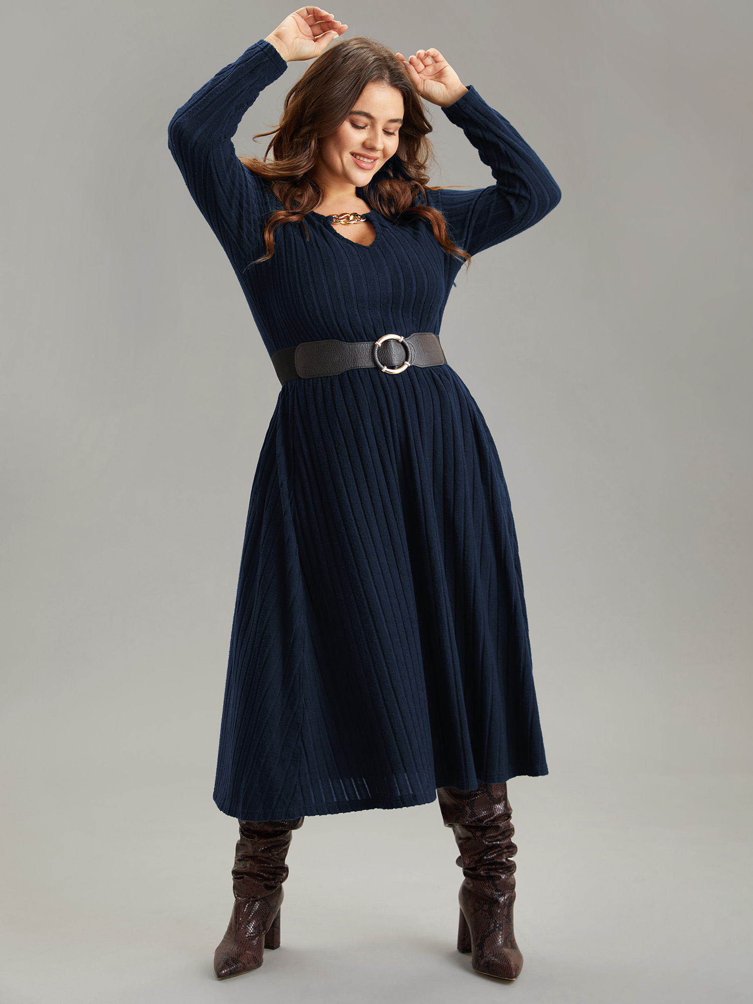 

Plus Size Rib Knit Plain Notched Pocket Dress DarkBlue Women Work From Home Rib Knit Notched collar Long Sleeve Curvy Midi Dress BloomChic