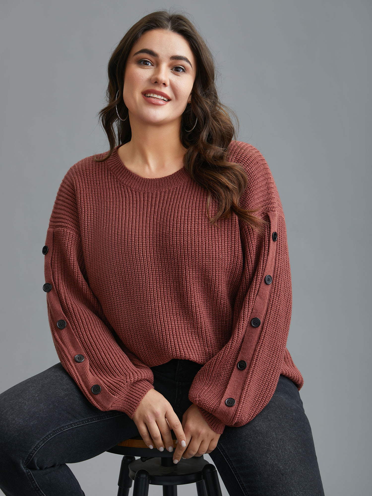 

Plus Size Textured Drop Shoulder Button Detailing Pullover Russet Women Casual Loose Long Sleeve Round Neck Everyday Pullovers BloomChic