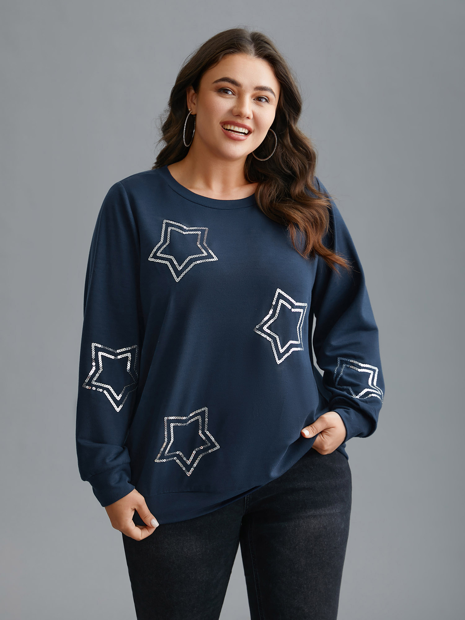 

Plus Size Star Embroidered Slightly Stretchy Sweatshirt Women DarkBlue Casual Round Neck Everyday Sweatshirts BloomChic