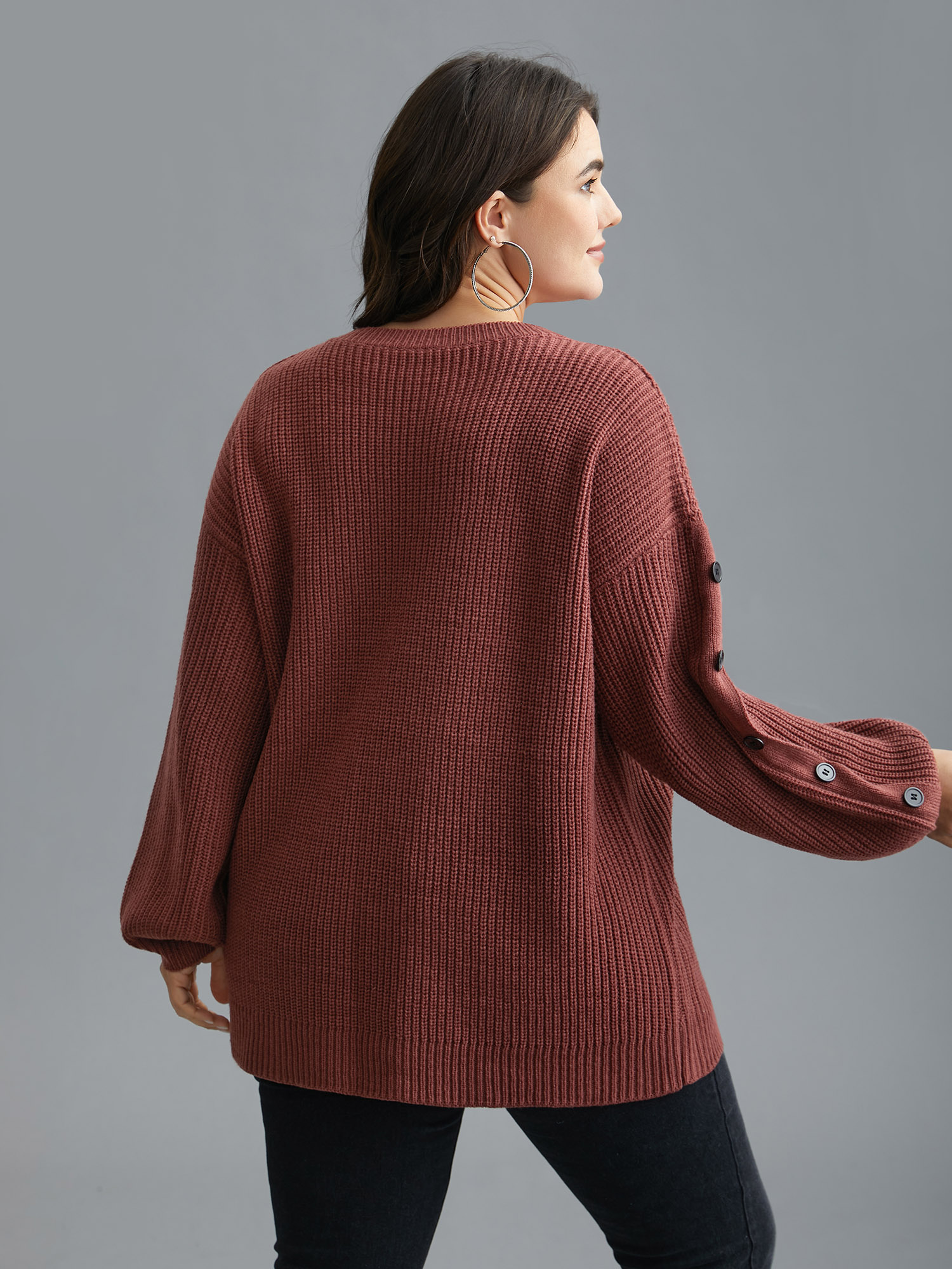 

Plus Size Textured Drop Shoulder Button Detailing Pullover Russet Women Casual Loose Long Sleeve Round Neck Everyday Pullovers BloomChic