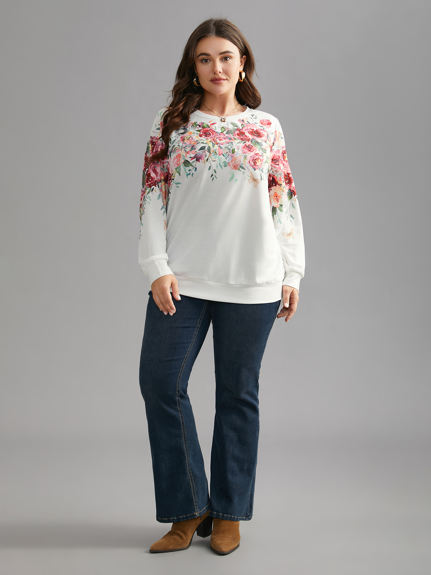 Plus Size Watercolor Floral Print Round Neck Sweatshirt Women WhiteSmoke Elegant Contrast Loose Round Neck Everyday Sweatshirts BloomChic 28/5X 
