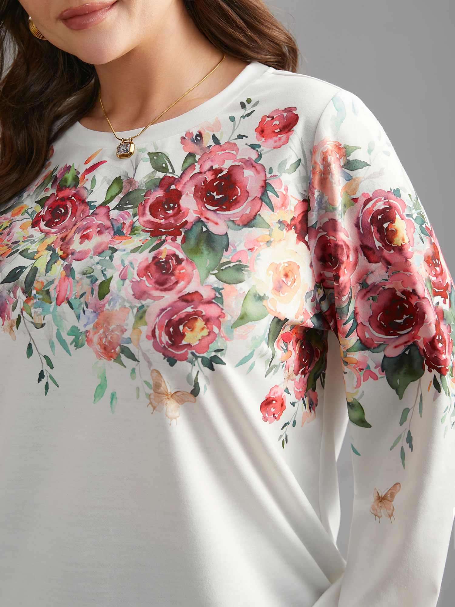 

Plus Size Watercolor Floral Print Round Neck Sweatshirt Women WhiteSmoke Elegant Contrast Loose Round Neck Everyday Sweatshirts BloomChic