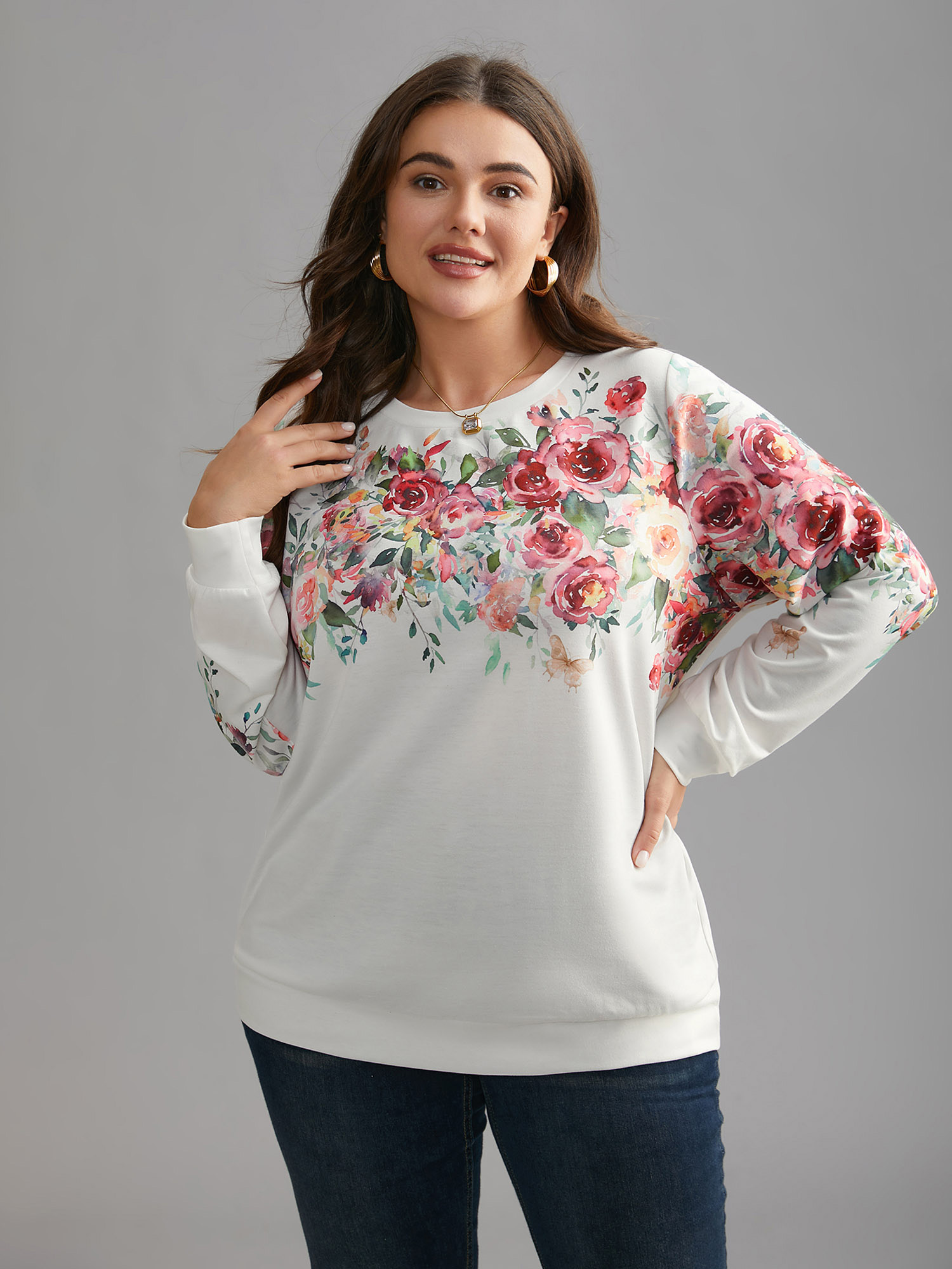 Plus Size Watercolor Floral Print Round Neck Sweatshirt Women WhiteSmoke Elegant Contrast Loose Round Neck Everyday Sweatshirts BloomChic 28/5X 
