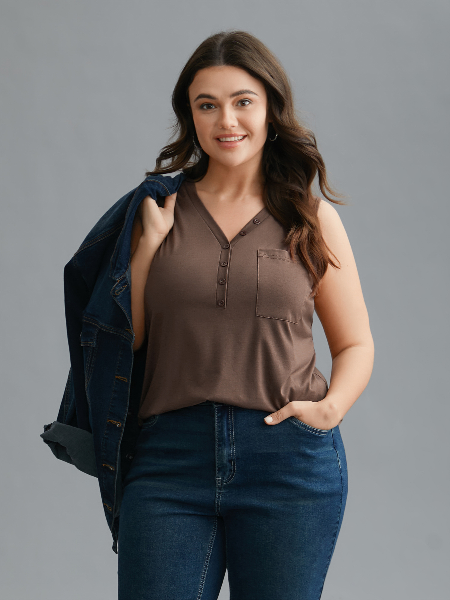 

Plus Size V-Neck Half Placket Vest Women Browncoffeecolor Casual Button V-neck Everyday Tank Tops Camis BloomChic