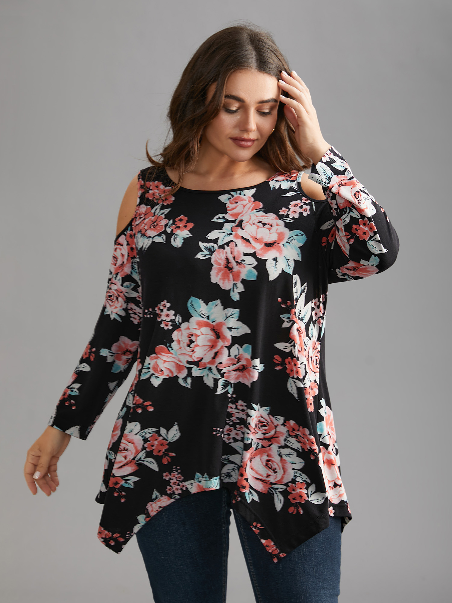 Plus Size Floral Print Shoulder Cut-Out T-shirt Black Women Elegant Contrast Natural Flowers Round Neck Loose Everyday T-shirts BloomChic 14-16/1X 