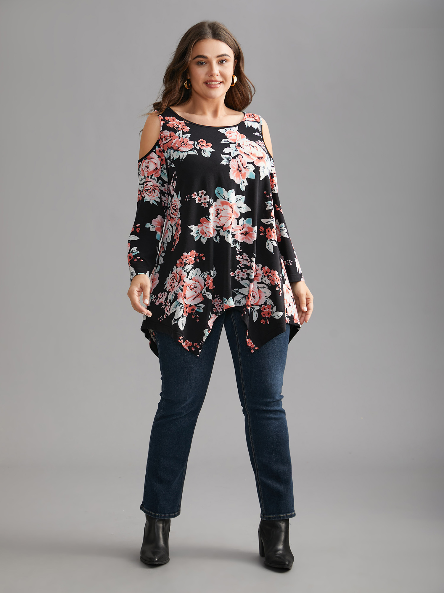 Plus Size Floral Print Shoulder Cut-Out T-shirt Black Women Elegant Contrast Natural Flowers Round Neck Loose Everyday T-shirts BloomChic 14-16/1X 