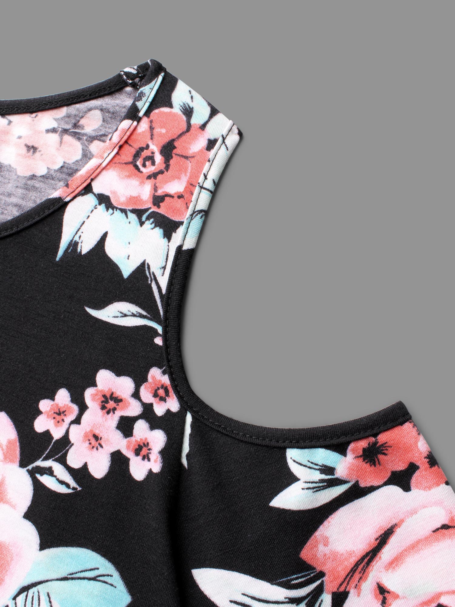 Plus Size Floral Print Shoulder Cut-Out T-shirt Black Women Elegant Contrast Natural Flowers Round Neck Loose Everyday T-shirts BloomChic 14-16/1X 