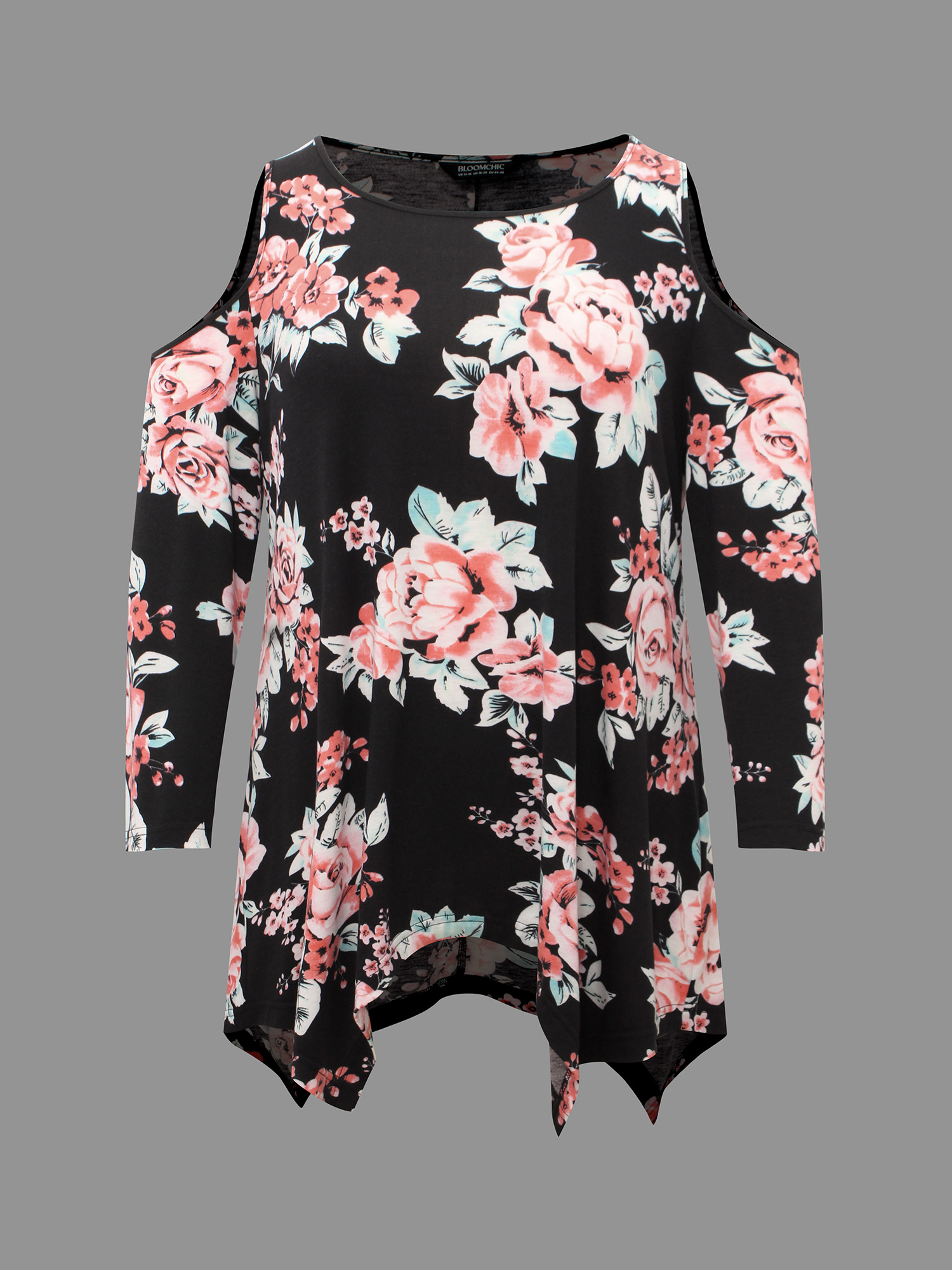Plus Size Floral Print Shoulder Cut-Out T-shirt Black Women Elegant Contrast Natural Flowers Round Neck Loose Everyday T-shirts BloomChic 14-16/1X 