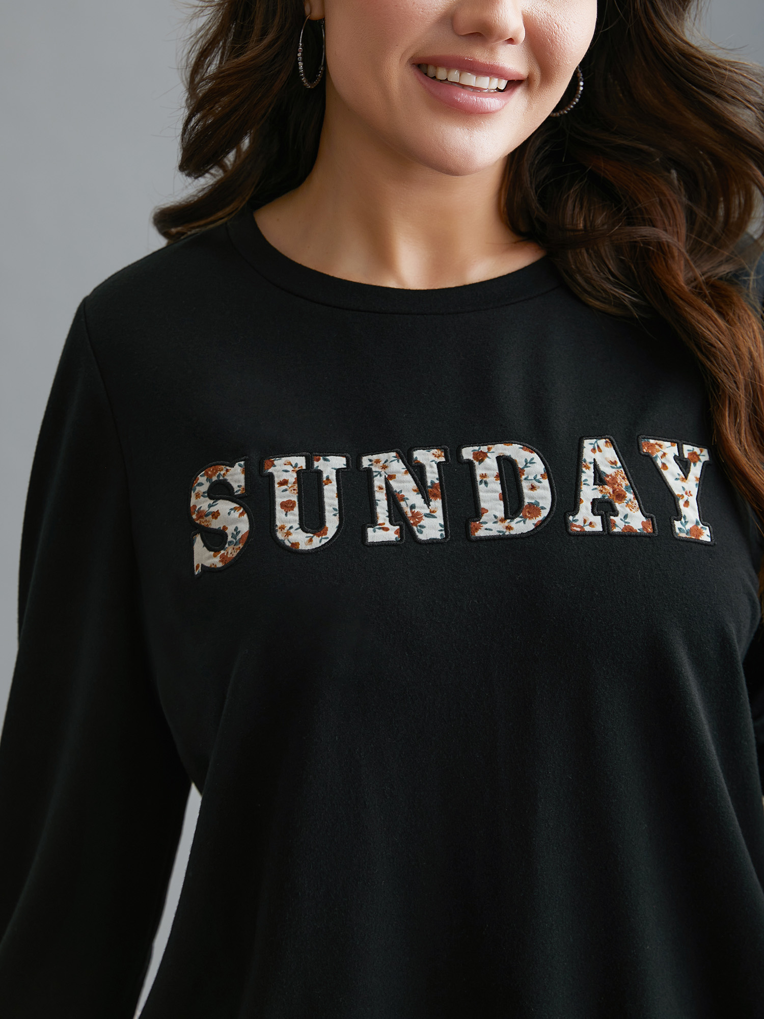 

Plus Size Sunday Patchwork Embroidered Sweatshirt Women Black Casual Embroidered Round Neck Everyday Sweatshirts BloomChic