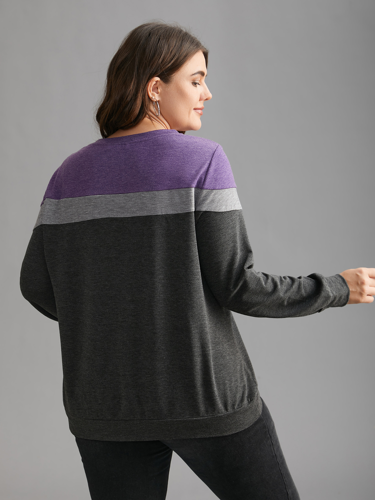 Plus Size Colorblock Contrast Round Neck Sweatshirt Women DimGray Casual Contrast Loose Round Neck Everyday Sweatshirts BloomChic 28/5X 