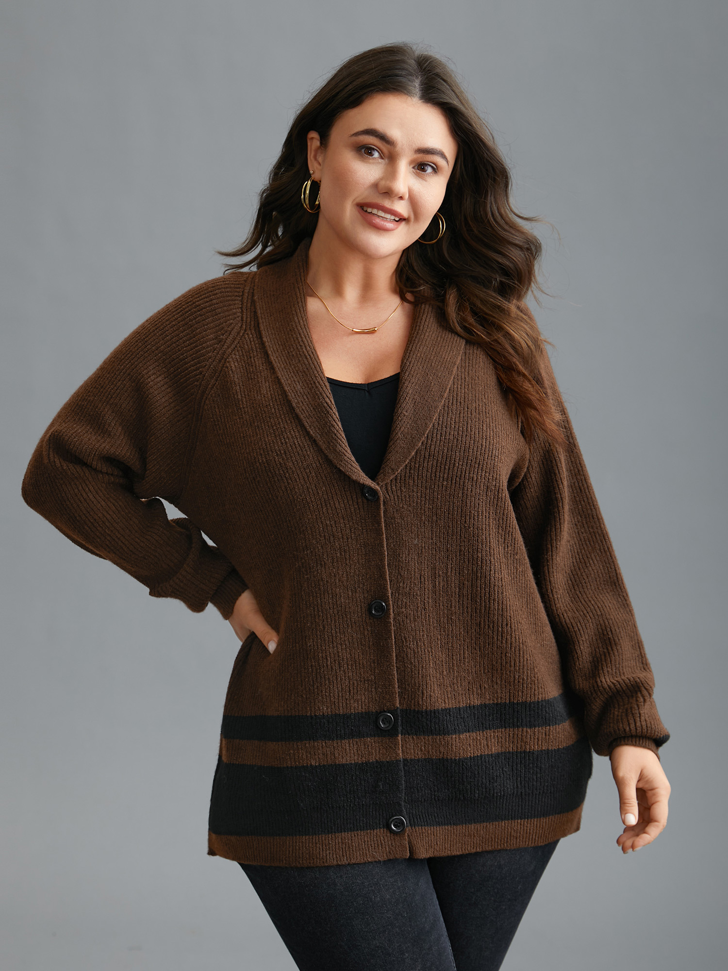 

Plus Size Collared Button Front Striped Hem Knit Cardigan DarkBrown Women Casual Loose Long Sleeve Everyday Cardigans BloomChic