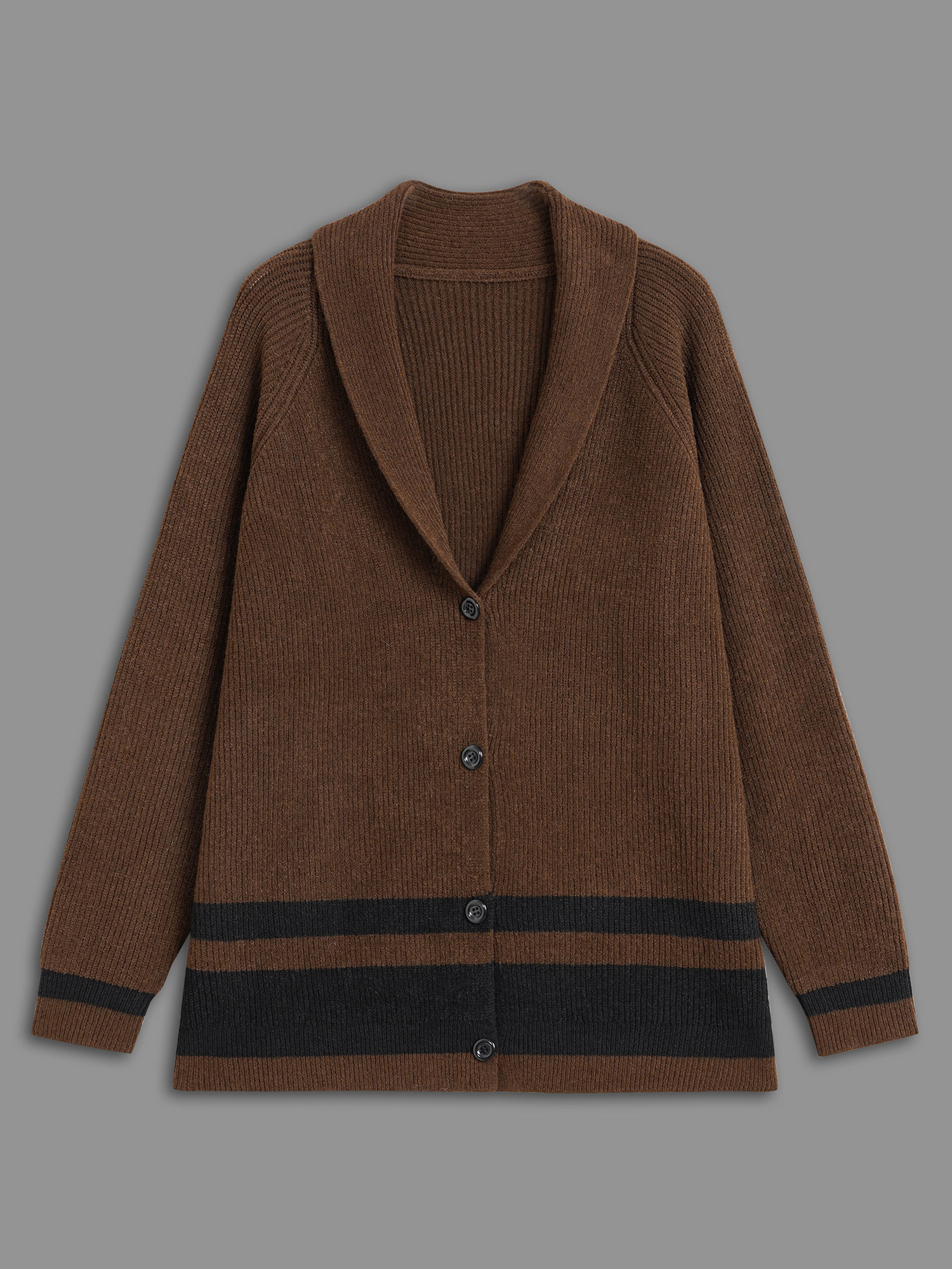 Plus Size Collared Button Front Striped Hem Knit Cardigan DarkBrown Women Casual Loose Long Sleeve Everyday Cardigans BloomChic 26/4X 