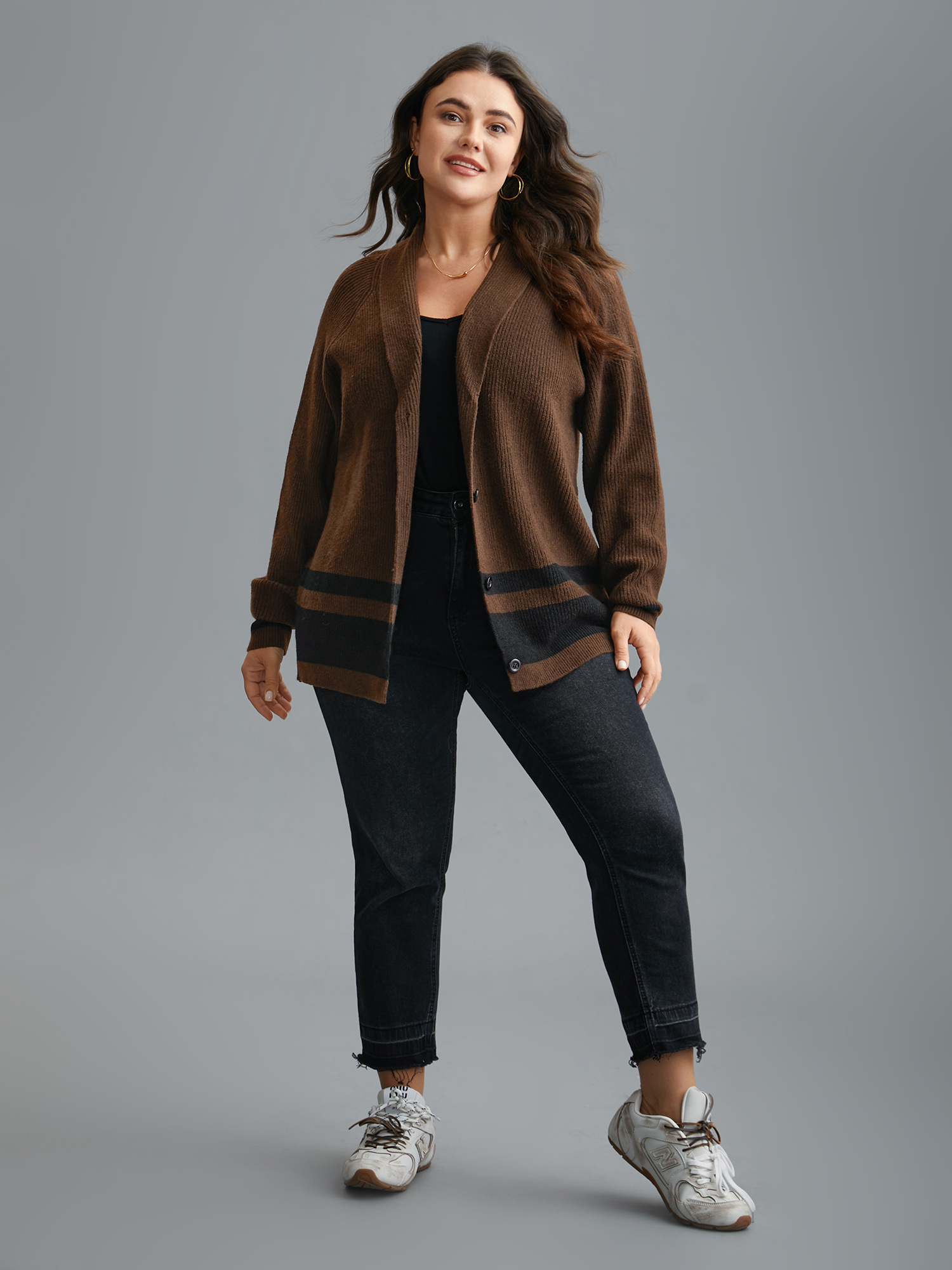 Plus Size Collared Button Front Striped Hem Knit Cardigan DarkBrown Women Casual Loose Long Sleeve Everyday Cardigans BloomChic 26/4X 
