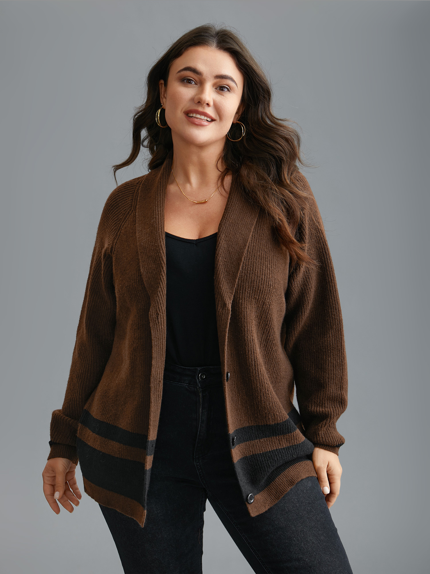 Plus Size Collared Button Front Striped Hem Knit Cardigan DarkBrown Women Casual Loose Long Sleeve Everyday Cardigans BloomChic 26/4X 