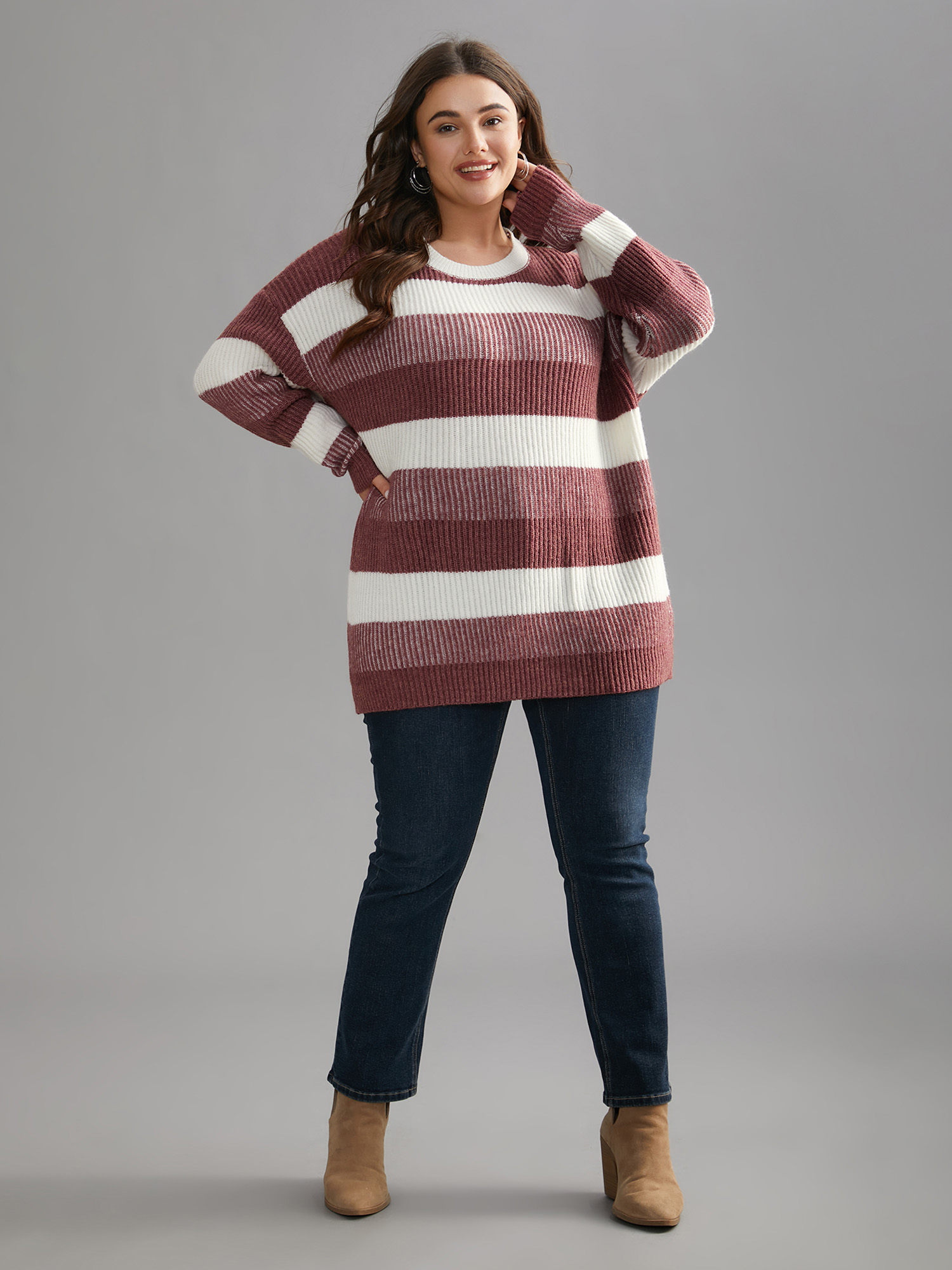 

Plus Size Color Block Round Neck Texture Pullover Russet Women Casual Loose Long Sleeve Round Neck Everyday Pullovers BloomChic