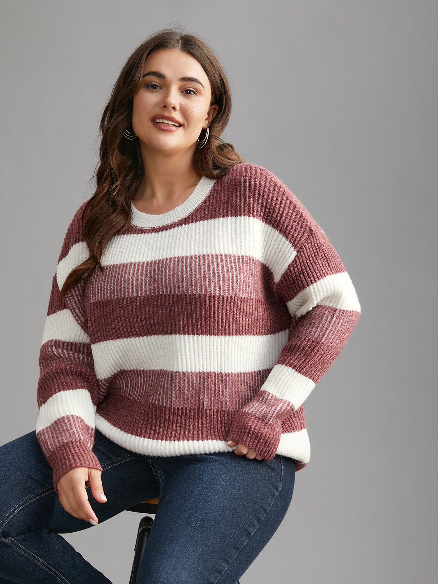 

Plus Size Color Block Round Neck Texture Pullover Russet Women Casual Loose Long Sleeve Round Neck Everyday Pullovers BloomChic