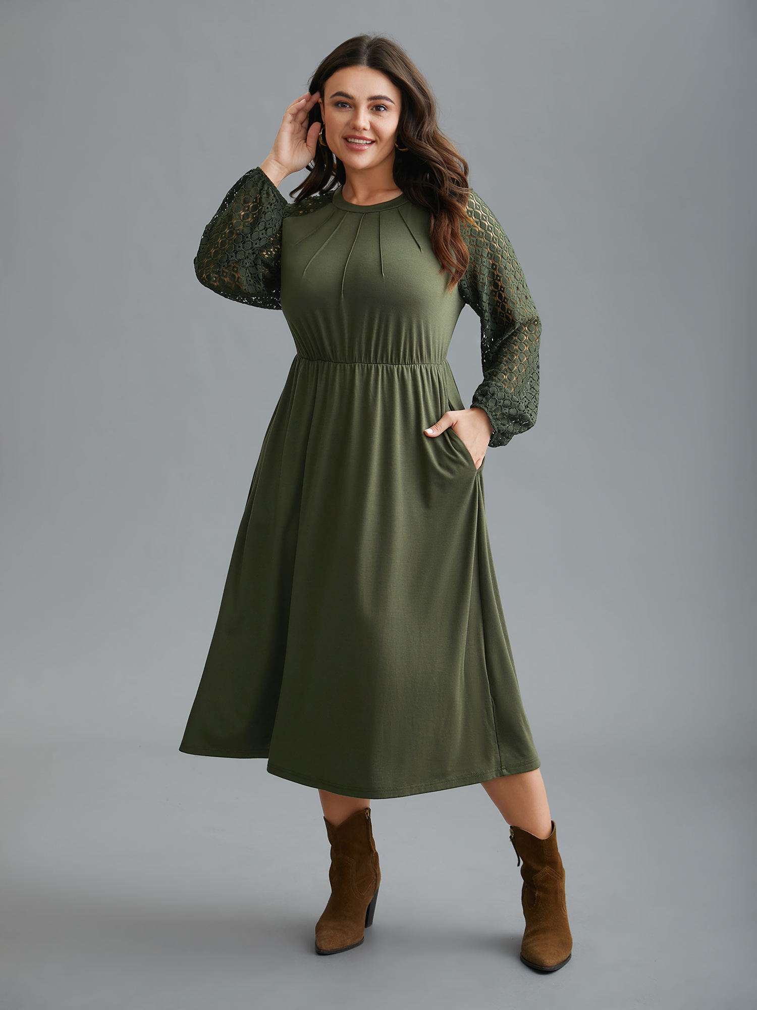 

Plus Size Crew Neck Crochet Lace Pleated Dress ArmyGreen Women Casual Tucked seam Round Neck Long Sleeve Curvy BloomChic