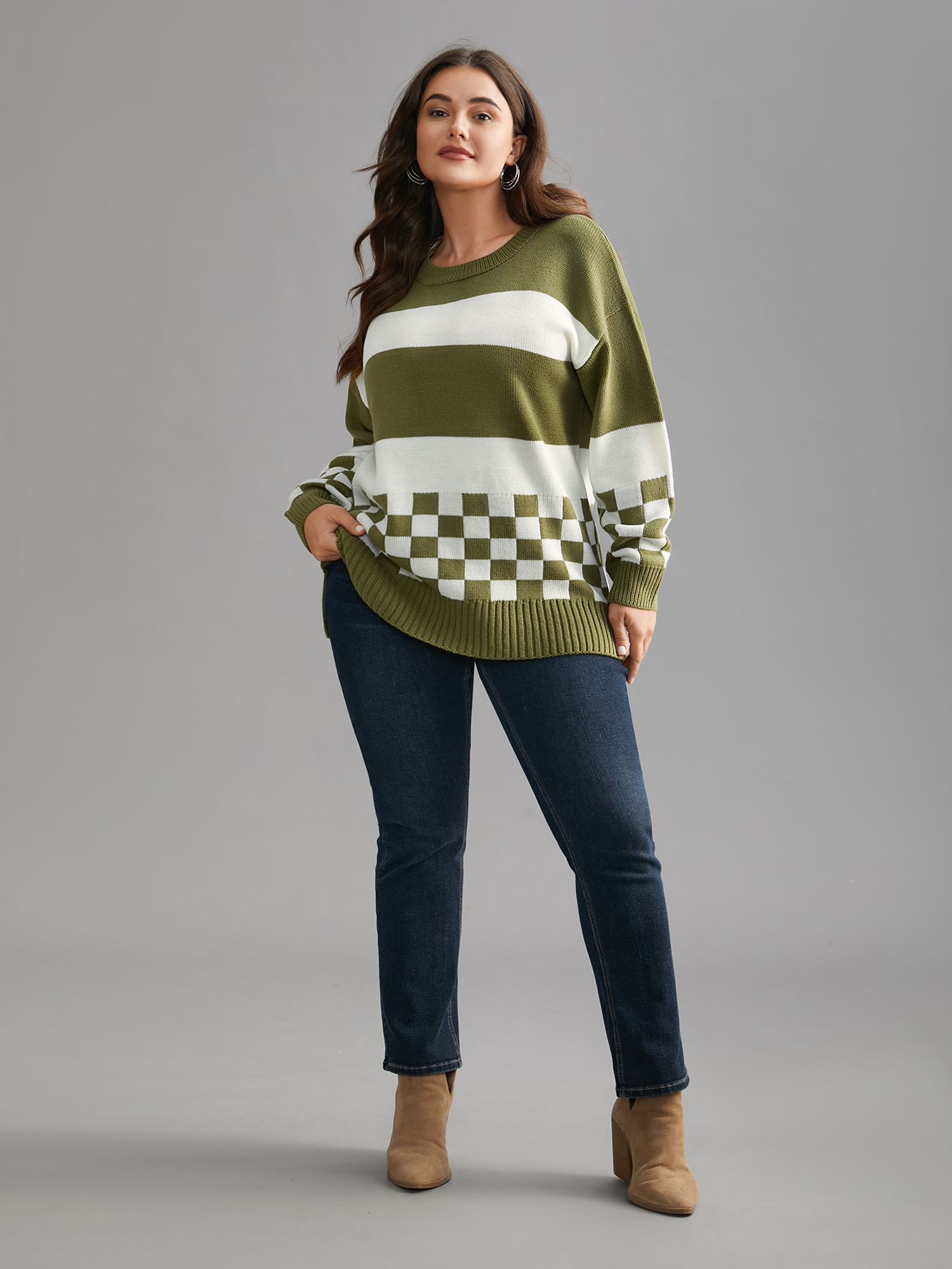 

Plus Size Colorblock Contrast Round Neck Split Hem Pullover Moss Women Casual Loose Long Sleeve Round Neck Everyday Pullovers BloomChic