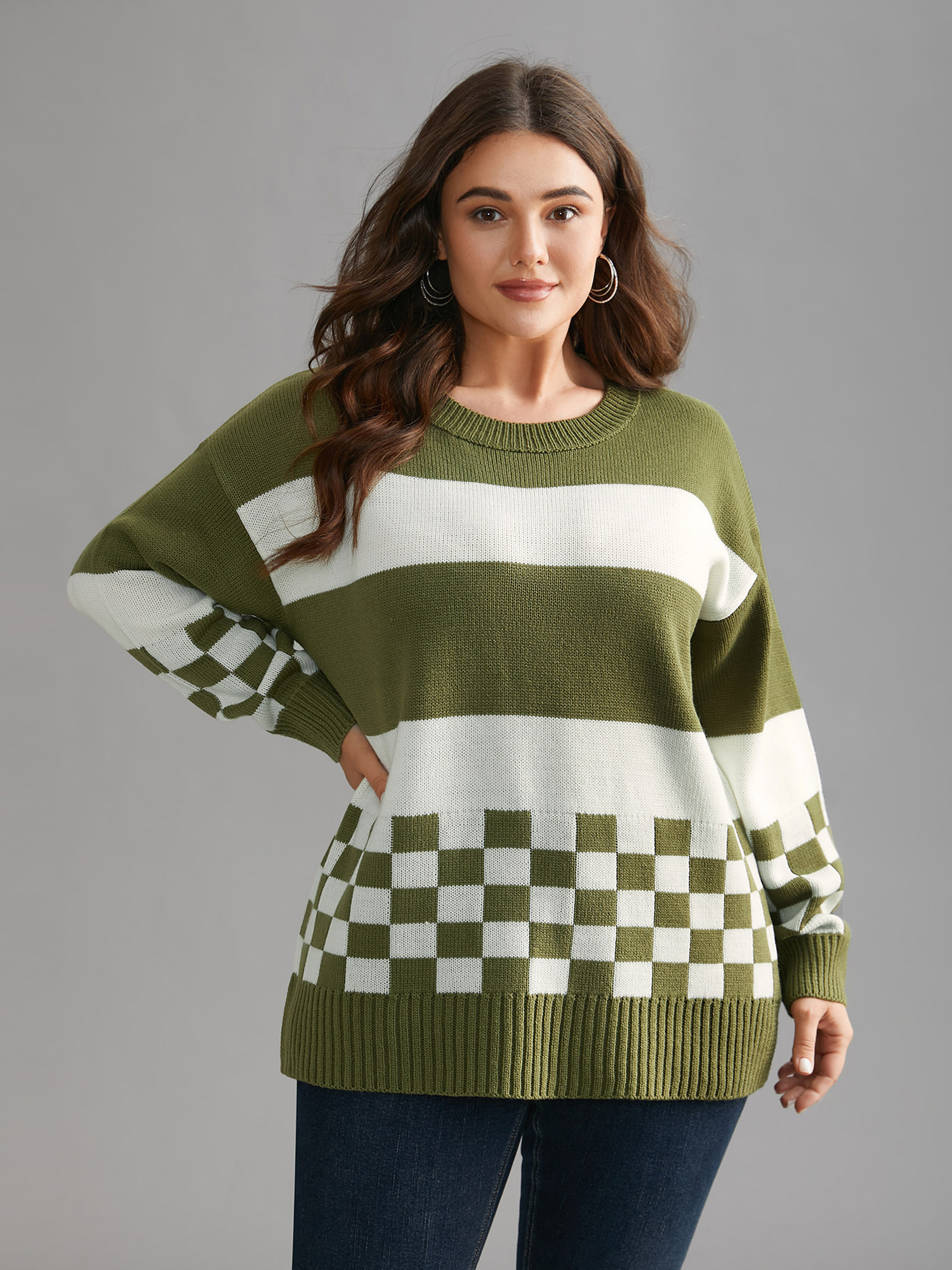 

Plus Size Colorblock Contrast Round Neck Split Hem Pullover Moss Women Casual Loose Long Sleeve Round Neck Everyday Pullovers BloomChic