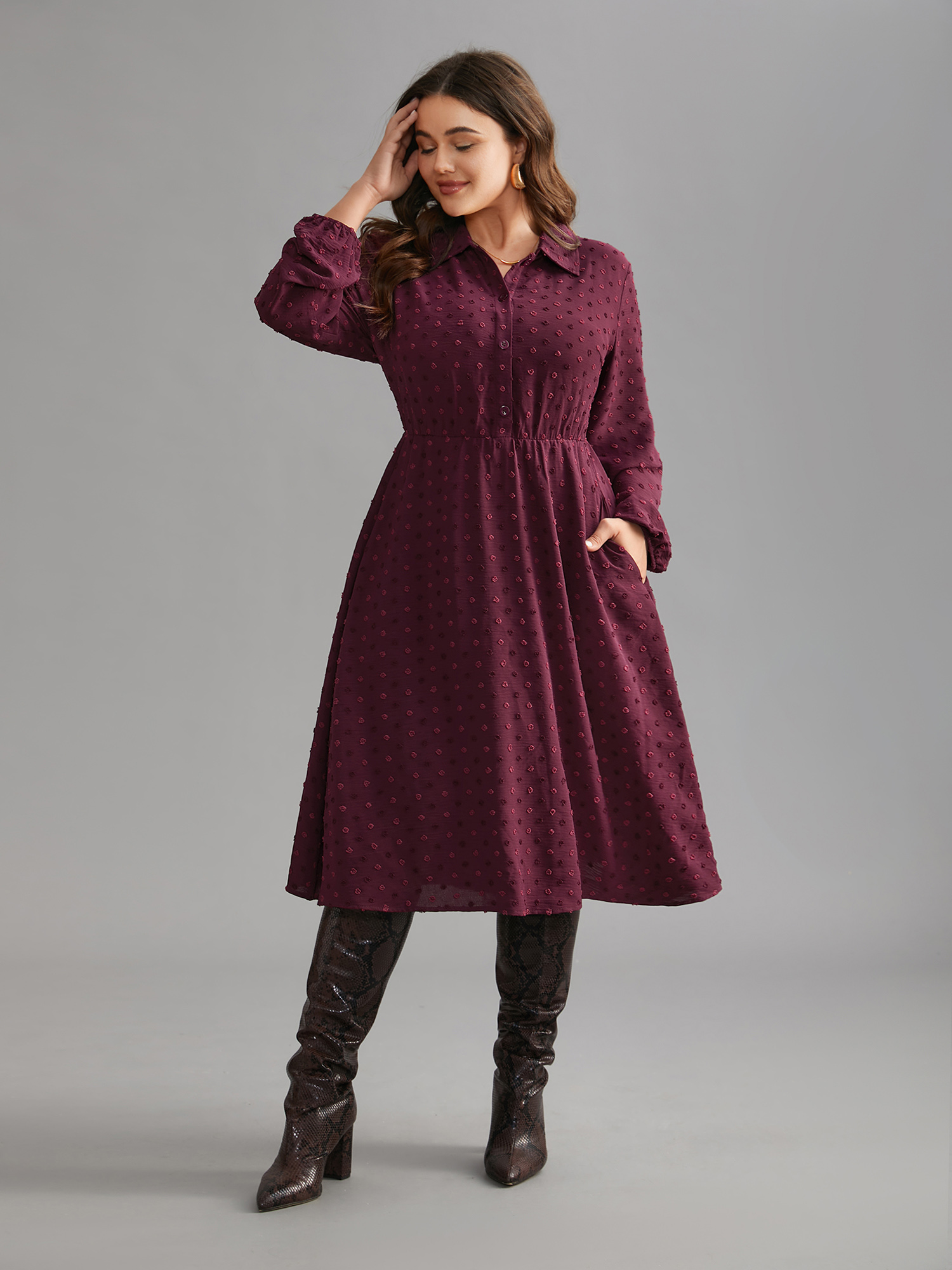 

Plus Size Textured Shirt Collar Button Front Midi Dress Burgundy Women Elegant Texture Shirt collar Long Sleeve Curvy BloomChic