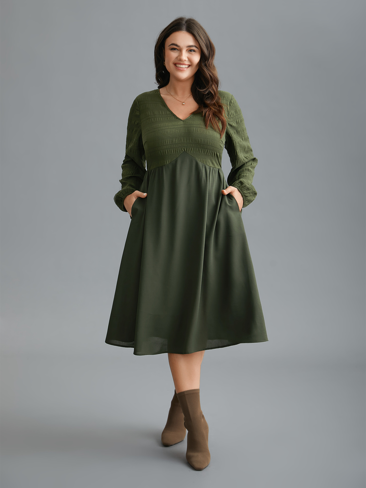 

Plus Size V-Neck Splicing Textured Knit Dress ArmyGreen Women Elegant Texture Knit Dresses Bloomchic