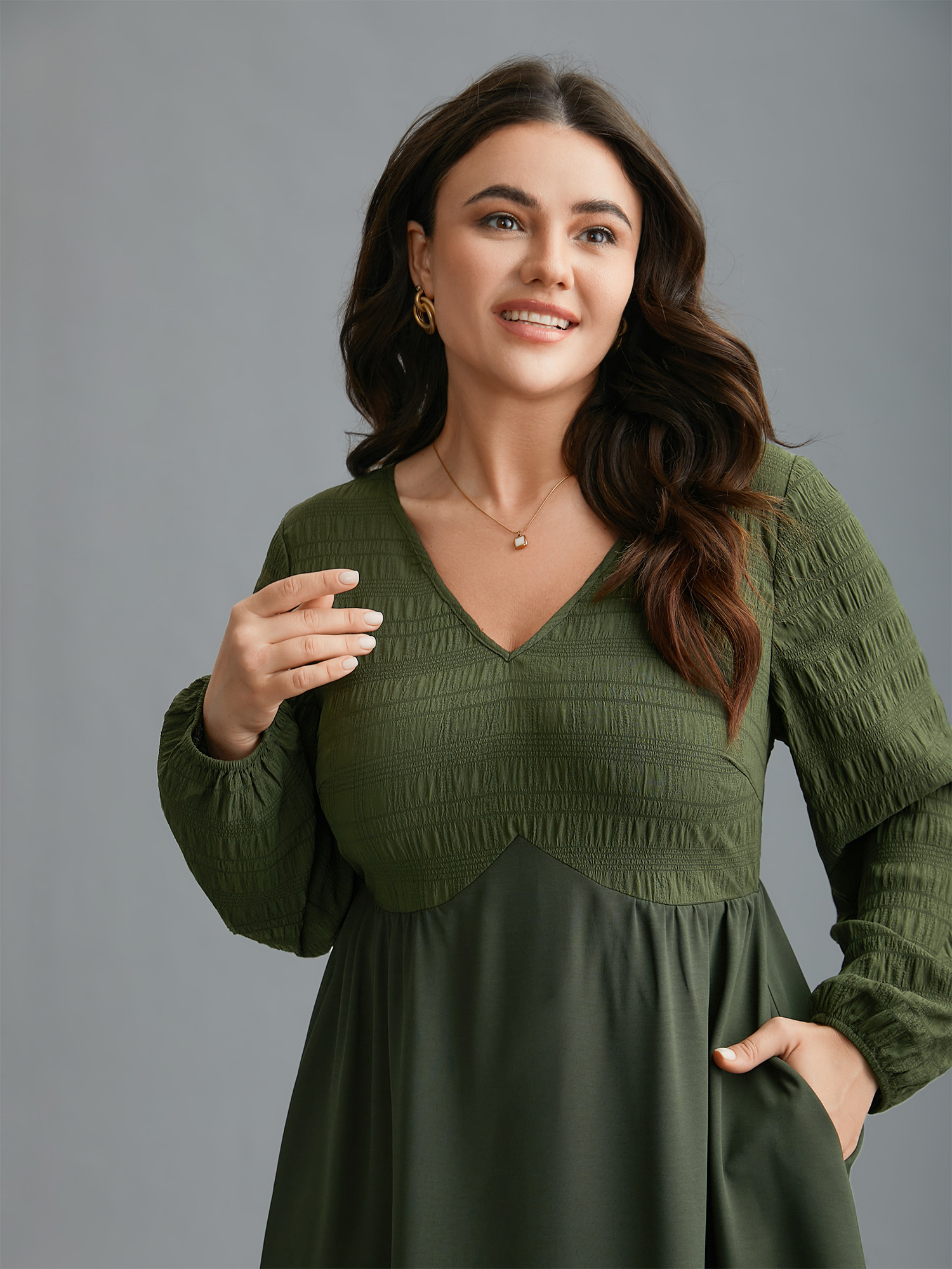 

Plus Size V-Neck Splicing Textured Knit Dress ArmyGreen Women Elegant Texture Knit Dresses Bloomchic