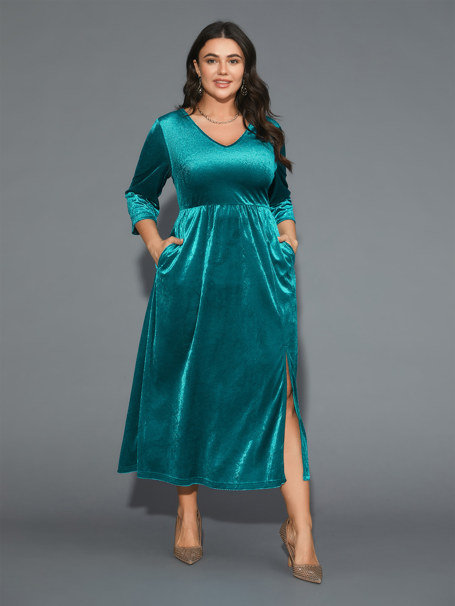 

Plus Size Velvet V-Neck Side Slit Maxi Dress Aegean Women Cocktail Texture Party Curvy Bloomchic