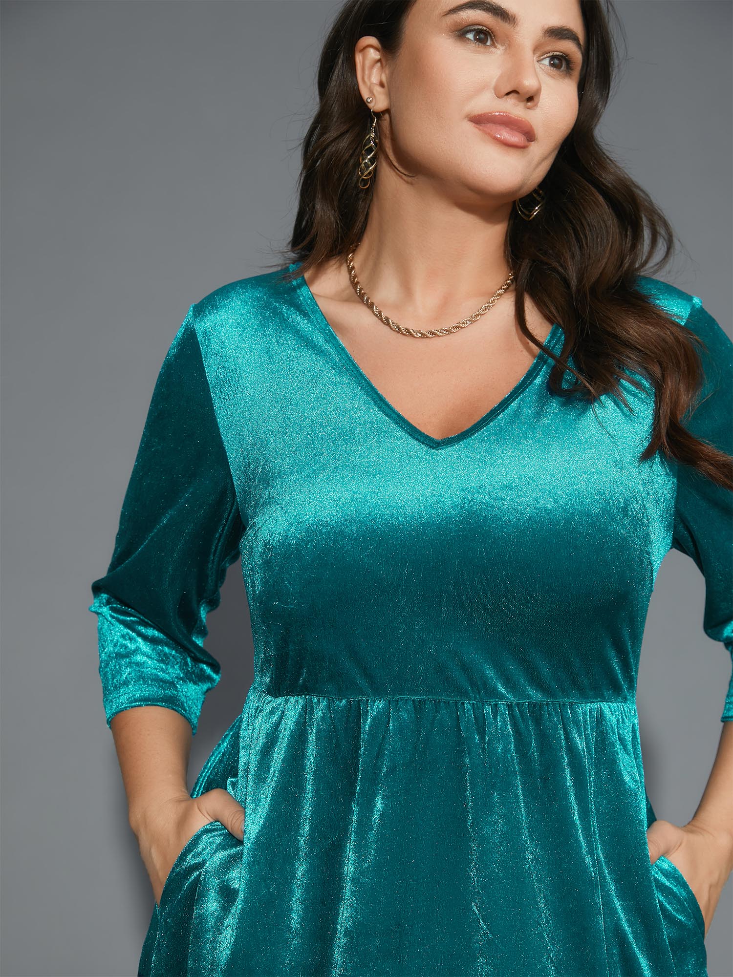 Side view of BloomChic Women's Plus Size Velvet V-Neck Side Slit Maxi Dress Aegean Party Maxi Texture 28/5X