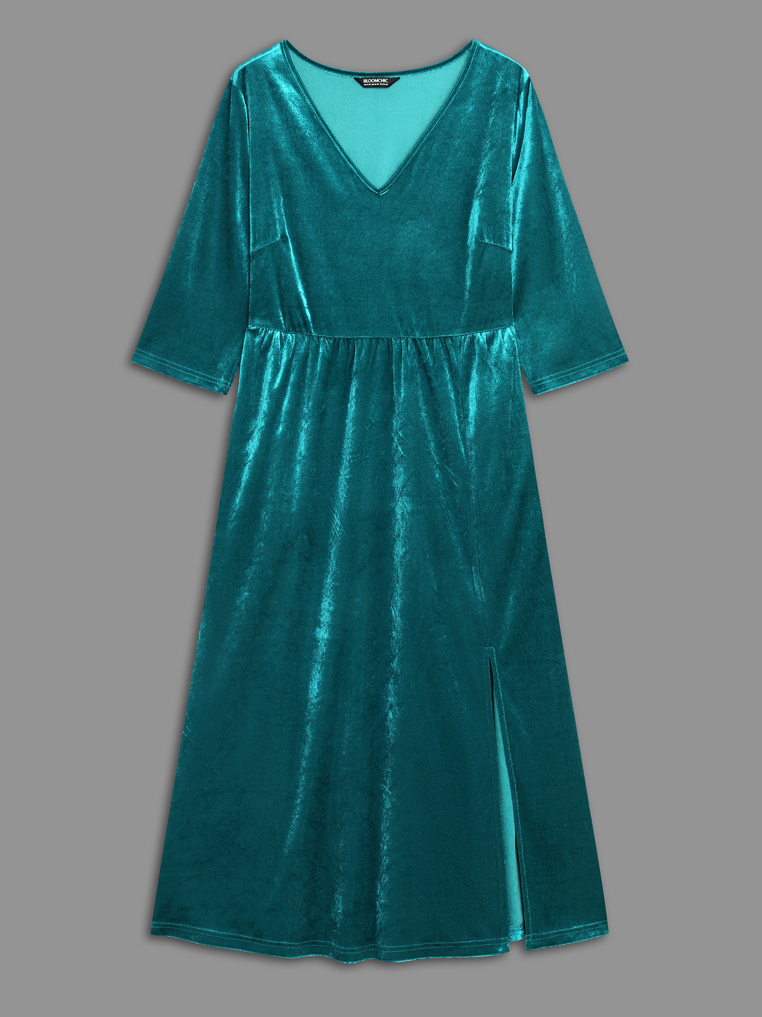Side view of BloomChic Women's Plus Size Velvet V-Neck Side Slit Maxi Dress Aegean Party Maxi Texture 28/5X