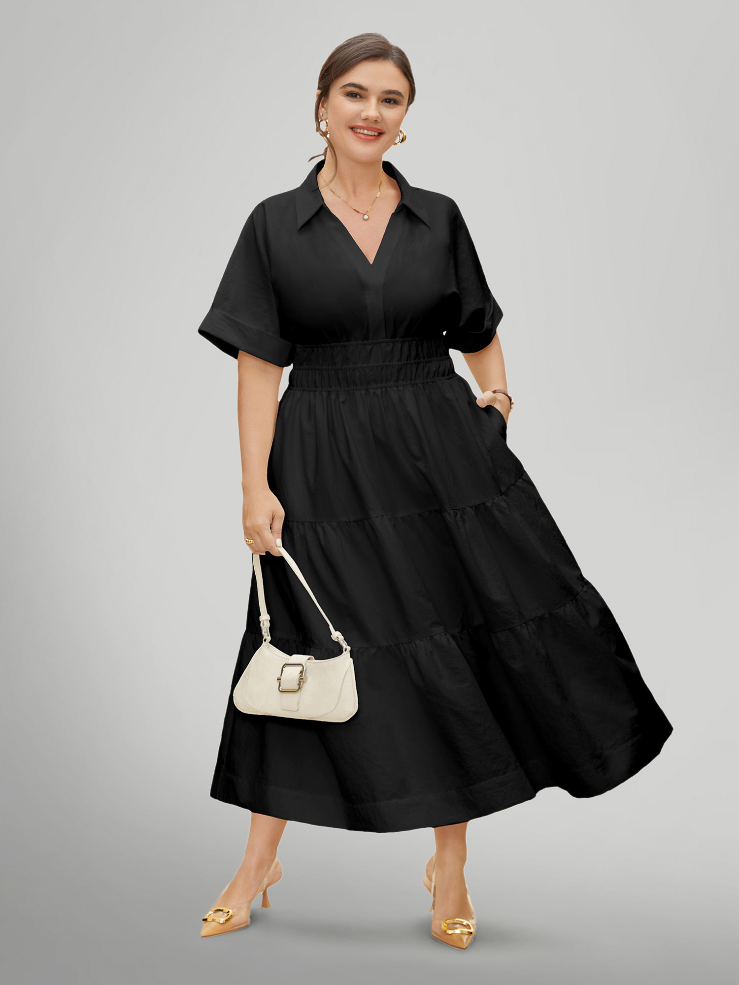 

Plus Size Midfield Tiered Midi Shirt Dress Black Women At the Office Gathered Shirt collar Short sleeve Curvy BloomChic