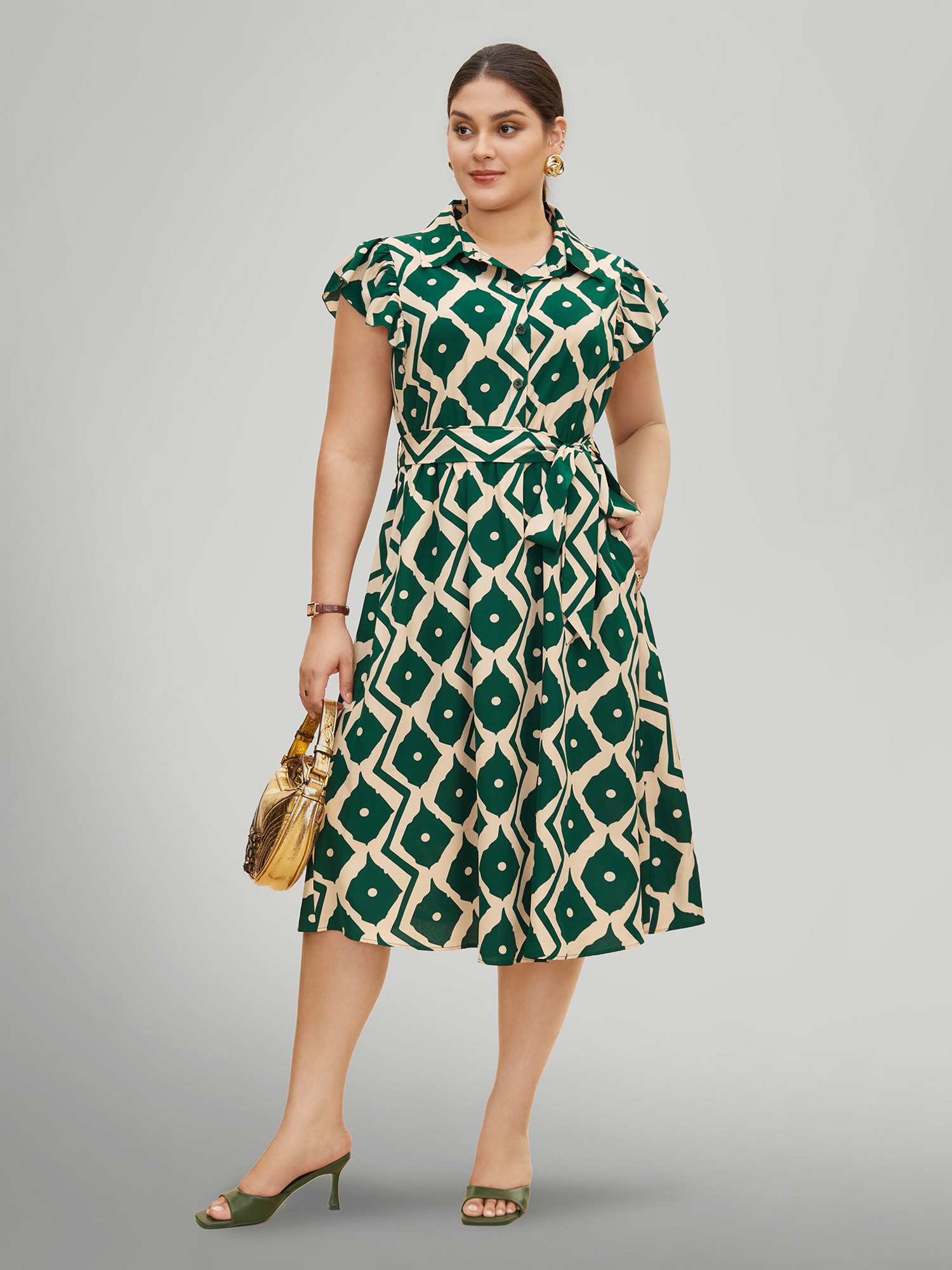 Plus Size Shirt Collar Geometric Ruffle Cap Sleeve Dress Truegreen Women At the Office Belted Shirt collar Cap Sleeve Curvy BloomChic 28/5X 