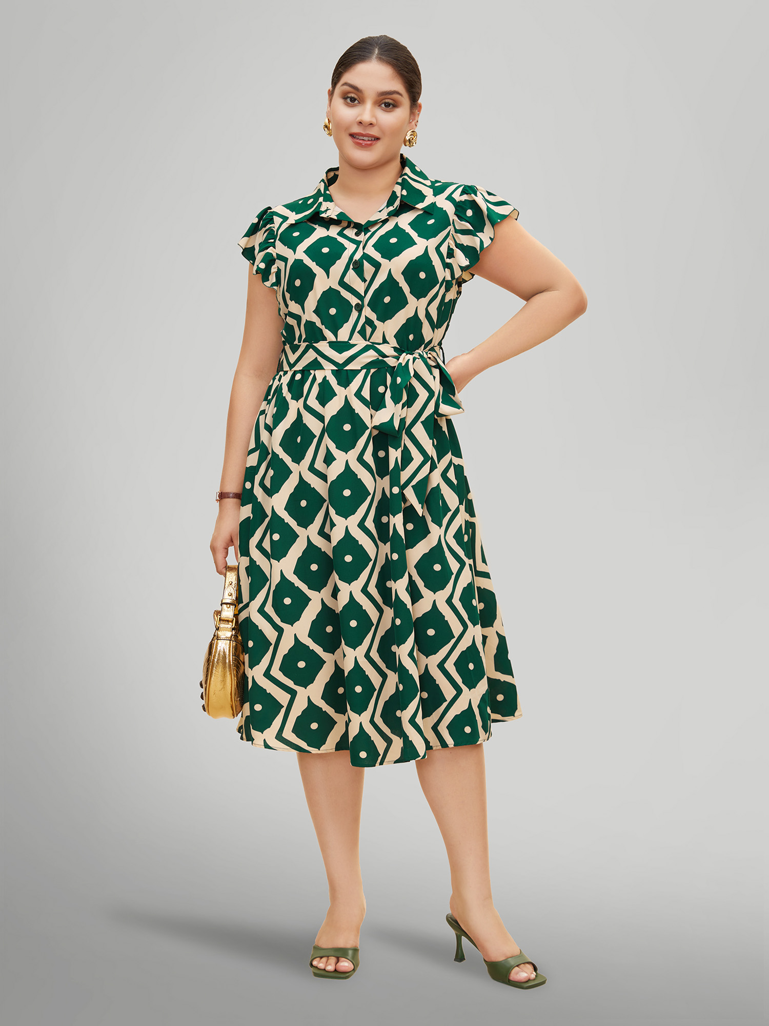 Plus Size Shirt Collar Geometric Ruffle Cap Sleeve Dress Truegreen Women At the Office Belted Shirt collar Cap Sleeve Curvy BloomChic 28/5X 