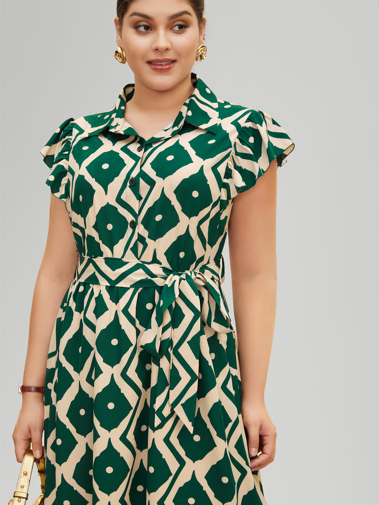 Plus Size Shirt Collar Geometric Ruffle Cap Sleeve Dress Truegreen Women At the Office Belted Shirt collar Cap Sleeve Curvy BloomChic 28/5X 