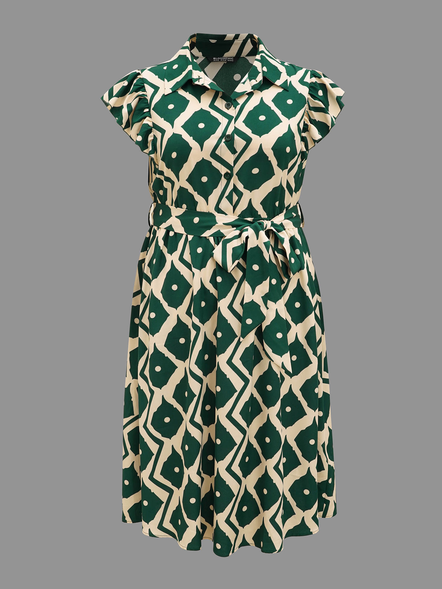Plus Size Shirt Collar Geometric Ruffle Cap Sleeve Dress Truegreen Women At the Office Belted Shirt collar Cap Sleeve Curvy BloomChic 28/5X 
