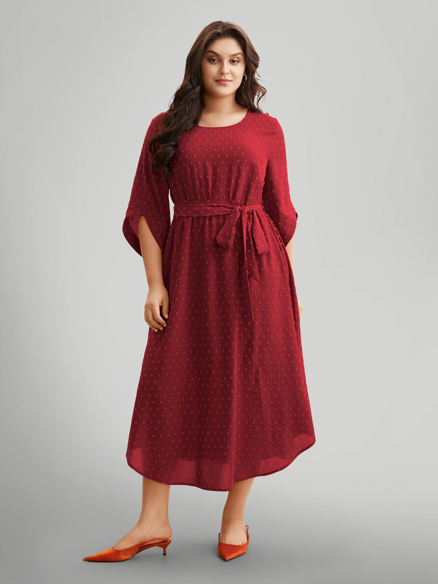 

Plus Size Textured Bell Sleeve Belted Arc Hem Dress Deepred Women Elegant Texture Round Neck Elbow-length sleeve Curvy BloomChic