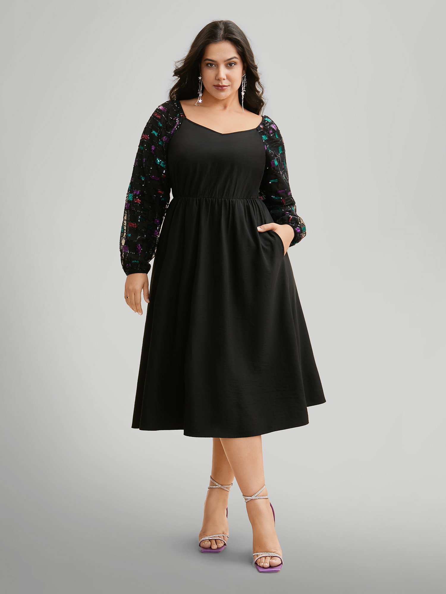 

Plus Size Heart Neckline Sequin Mesh Patchwork Dress Black Women Cocktail Texture Party Curvy Bloomchic